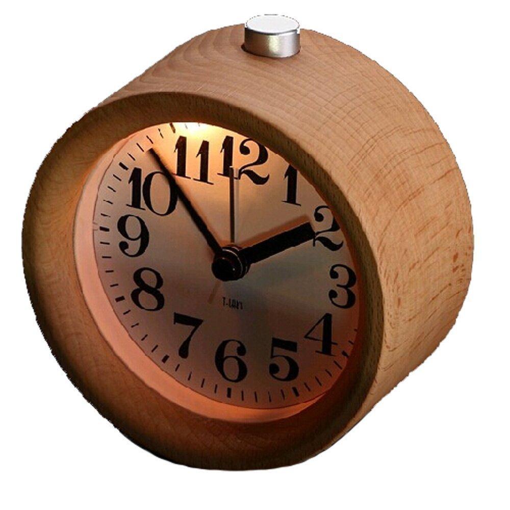 glomarts Glomarts Round Wooden Silent Desk Alarm Clock with Nightlight
