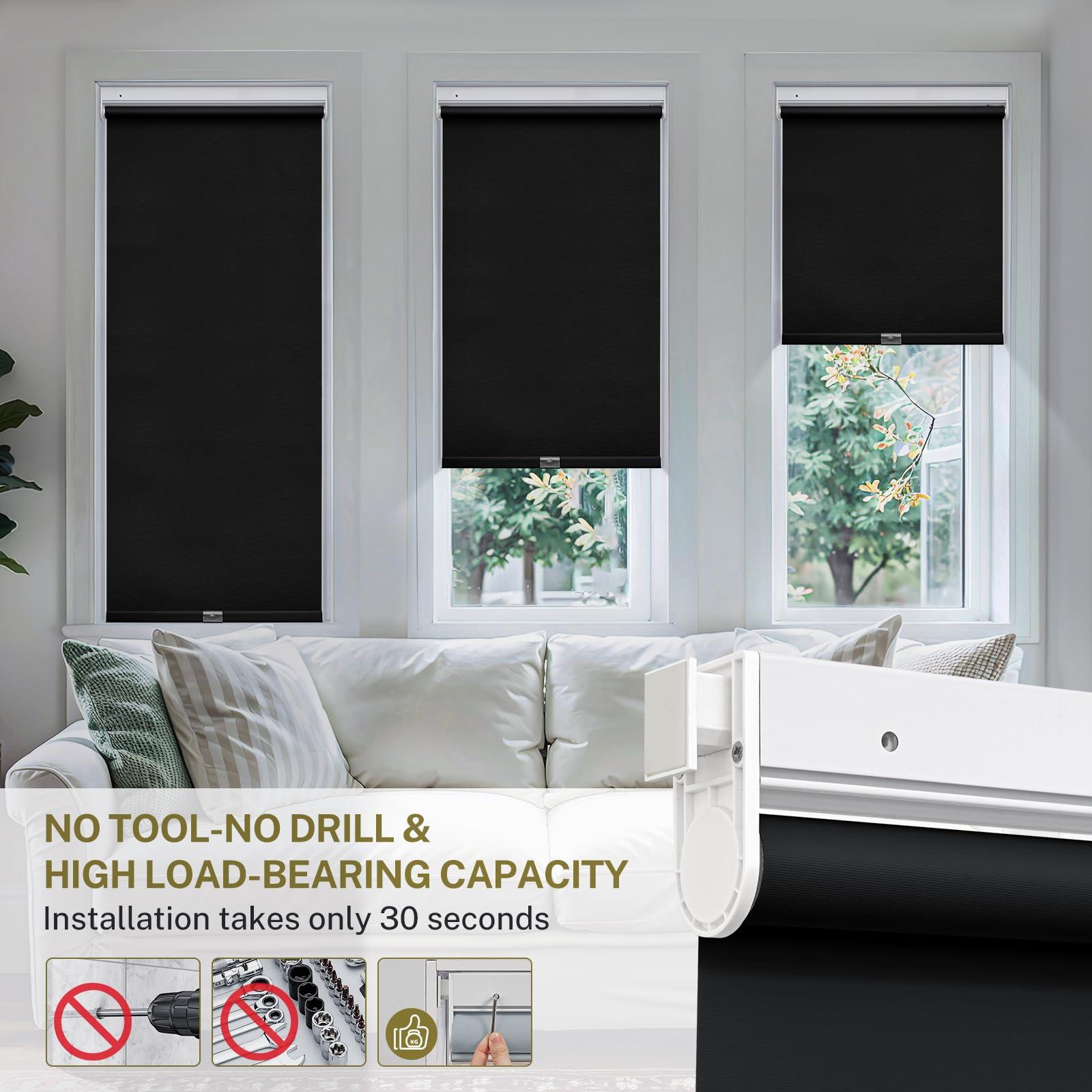 moonice Moonice No Drill Cordless Roller Blinds Waterproof Blackout Blinds for Windows, No Screw Roller Shades Thermal Insulated UV Protection Privacy Window Shades for Home,Office,Bedroom,Door,Black