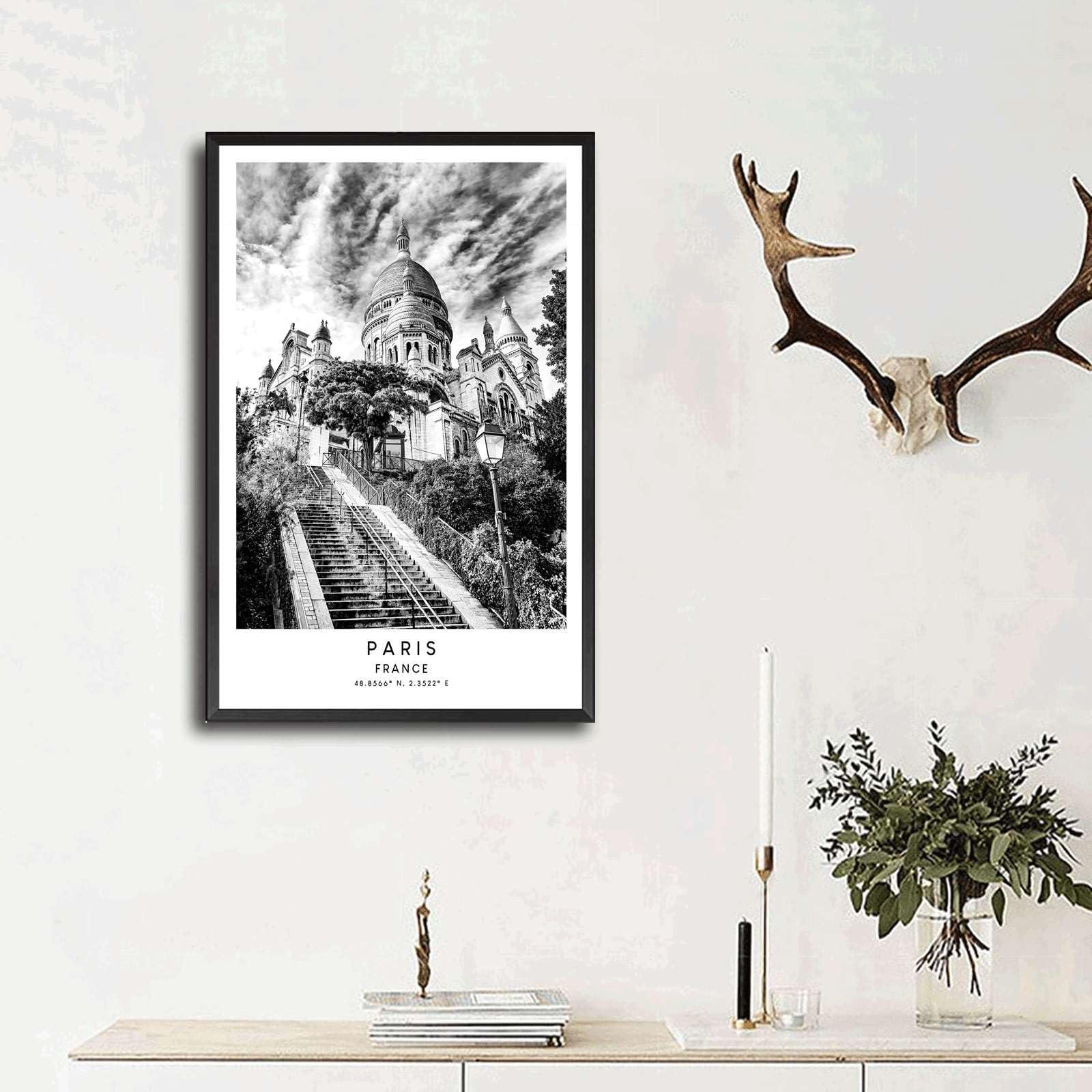 GHTYER Canvas Art Prints Paris Travel Print Paris Wall Art Black And White Paris Poster Minimalist Paris City Pint ParisLiving Room , Modern Art Decoration for Bedroom, Dining Room, Office 16x24inch Metal Frame