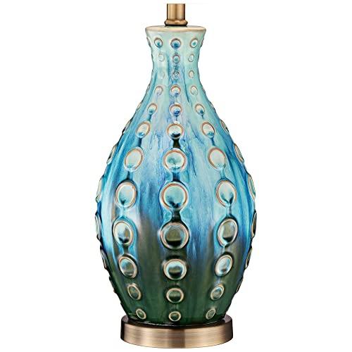 360 Lighting 360 Lighting Mid Century Modern Vase-Shaped Table Lamp 26.5" High Textured Glaze Teal Green Hand-Made Ceramic Tan Linen Drum Shade for Living Room Bedroom House Bedside Home (Color May Vary)
