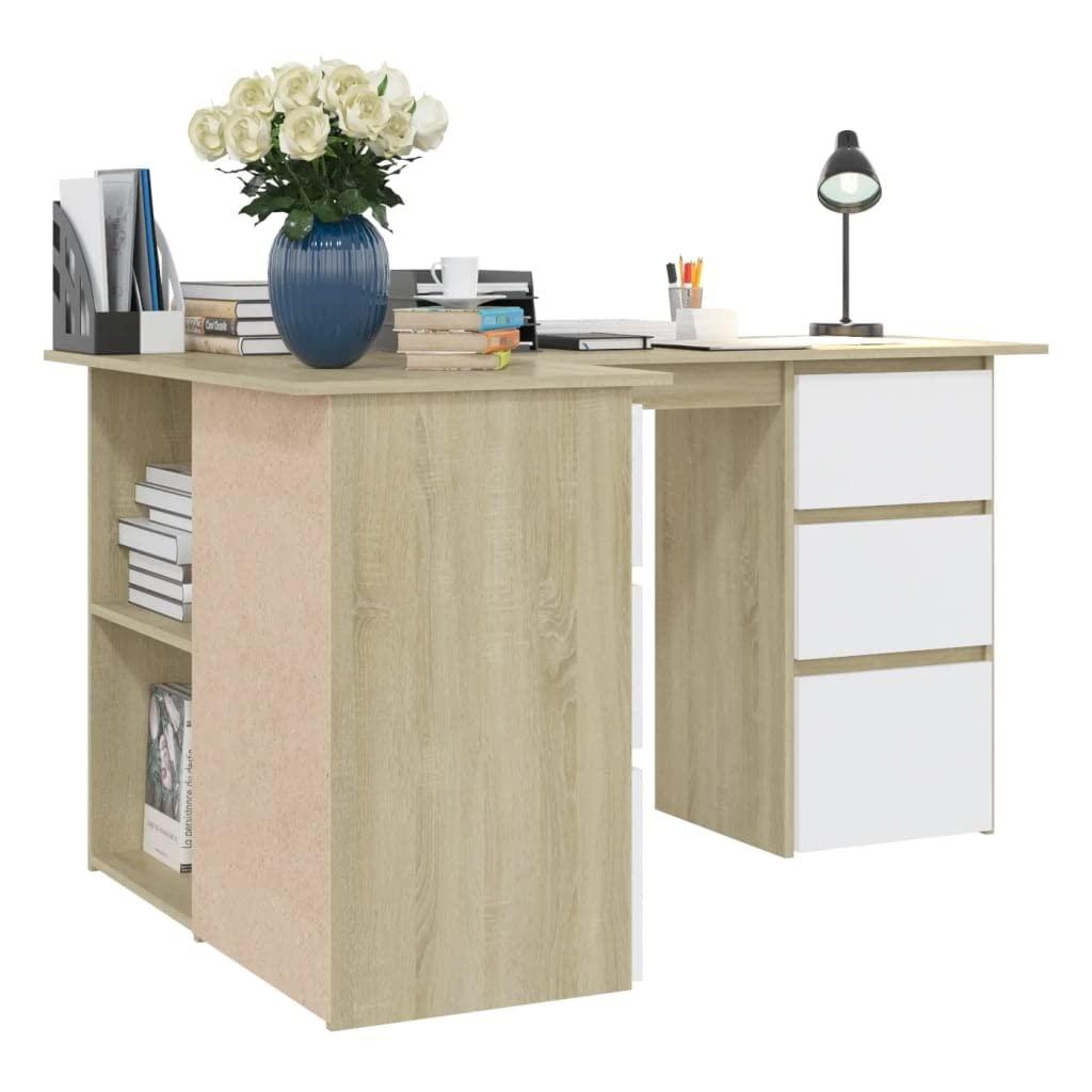 SKM SKM Corner Desk White and Sonoma Oak 57.1"x39.4"x29.9" Chipboard