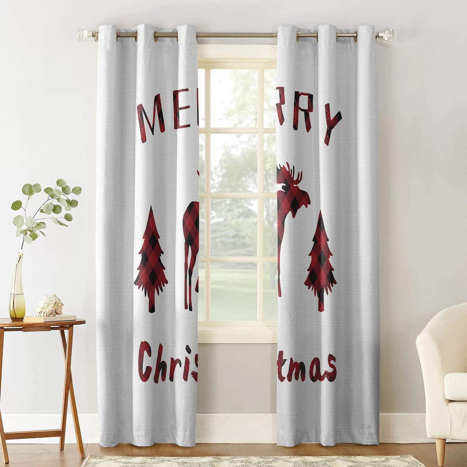 BHJKL Buffalo Plaid Elk Blackout Curtains, Rustic Red Black Window Treatment Set, 2 Panels 3D Printed Grommet Curtains for Room/Bedroom Heat Insulation Noise Reduction Drapes(63" Wx45 L)