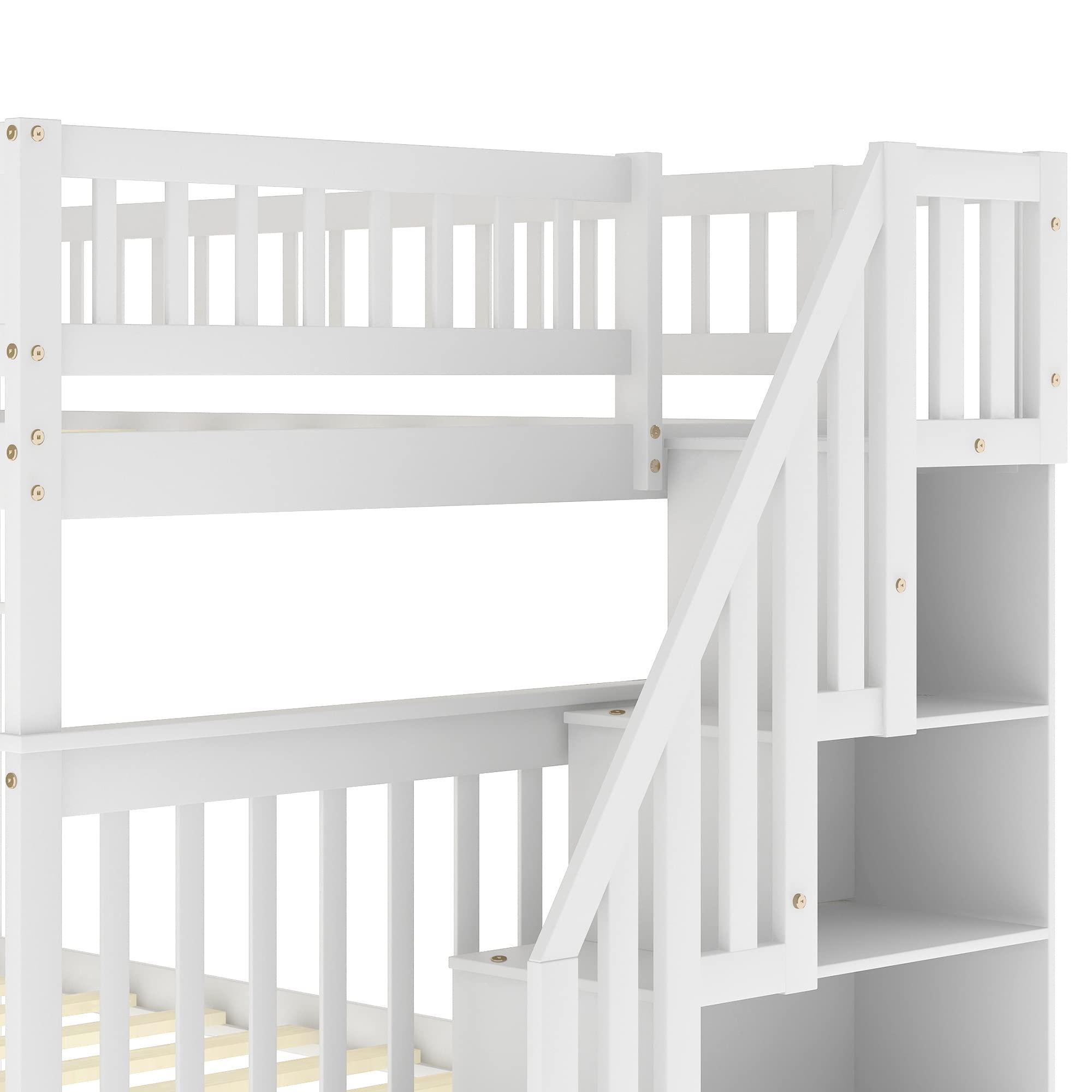 Quarte Quarte Full Over Full Bunk Bed with Trundle/Staircase/4 Storage Shelves, Convertible 3 Individual Beds, Solid Wood Bunk Bed Designed for Kids/Teens/Adults (White+Full/Full*)