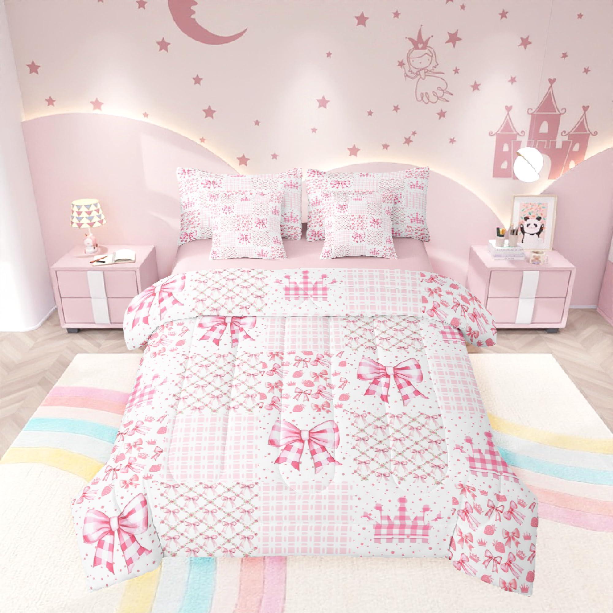 Manfei 7 Pcs Princess Crown Comforter Set,Geometric Pink Plaids Patchwork Bedding Set,Kawaii Bowknot Fairy Tale Bow-tie Fantasy Bed Set(Comforter+Fitted+Flat Sheet+Pillowcases+Pillow Covers),Queen