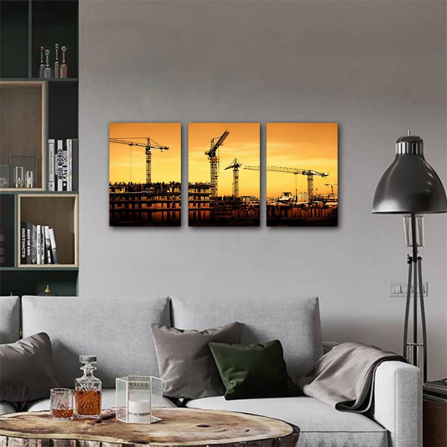 LBWIG ART Office Building Construction site Wall Artwork Vintage Paintings Print on Canvas Home Decor Wall Art 3 Panels Framed 16x24inchx3