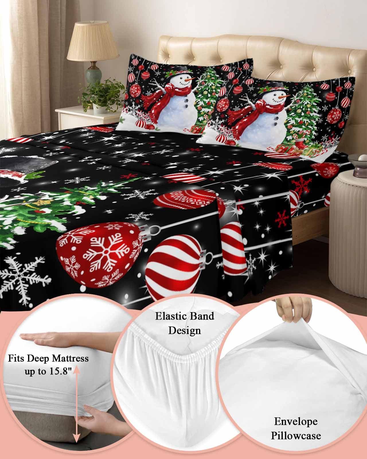 Smile Sunflower California King Bed Sheets and Pillowcase Set, Christmas Eve Cute Untreated Snowman Xmas Tree Snowflake Ultra Soft Cooling Bed Flat Sheet, Deep Pocket Fits 15.8\" Mattress Wrinkle Free Sheets 4 Piece