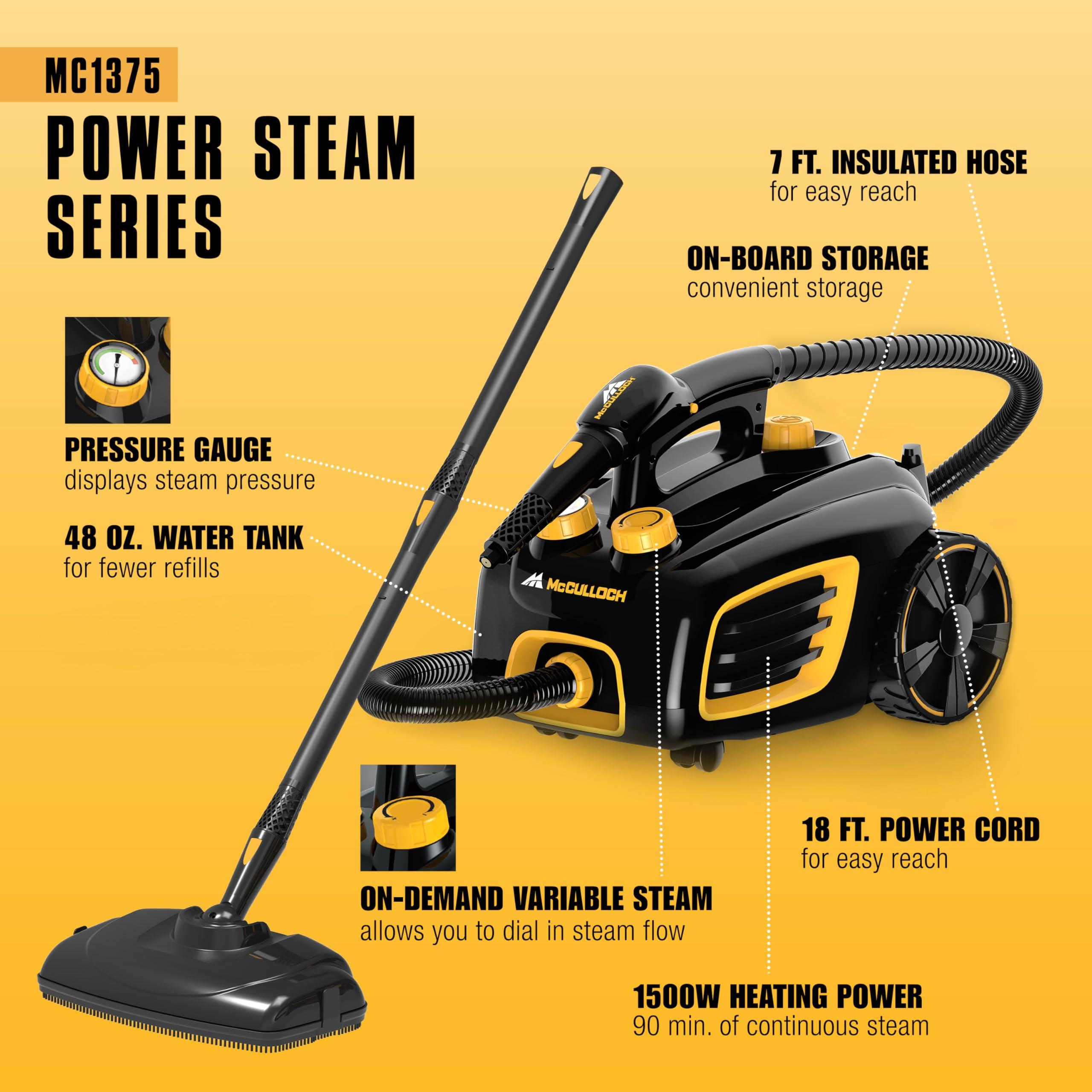 McCULLOCH McCulloch MC1375 Canister Steam Cleaner with 20 Accessories, Extra-Long Power Cord, Chemical-Free Cleaning for Most Floors, Counters, Appliances, Windows, Autos, and More, 1-(Pack), Black