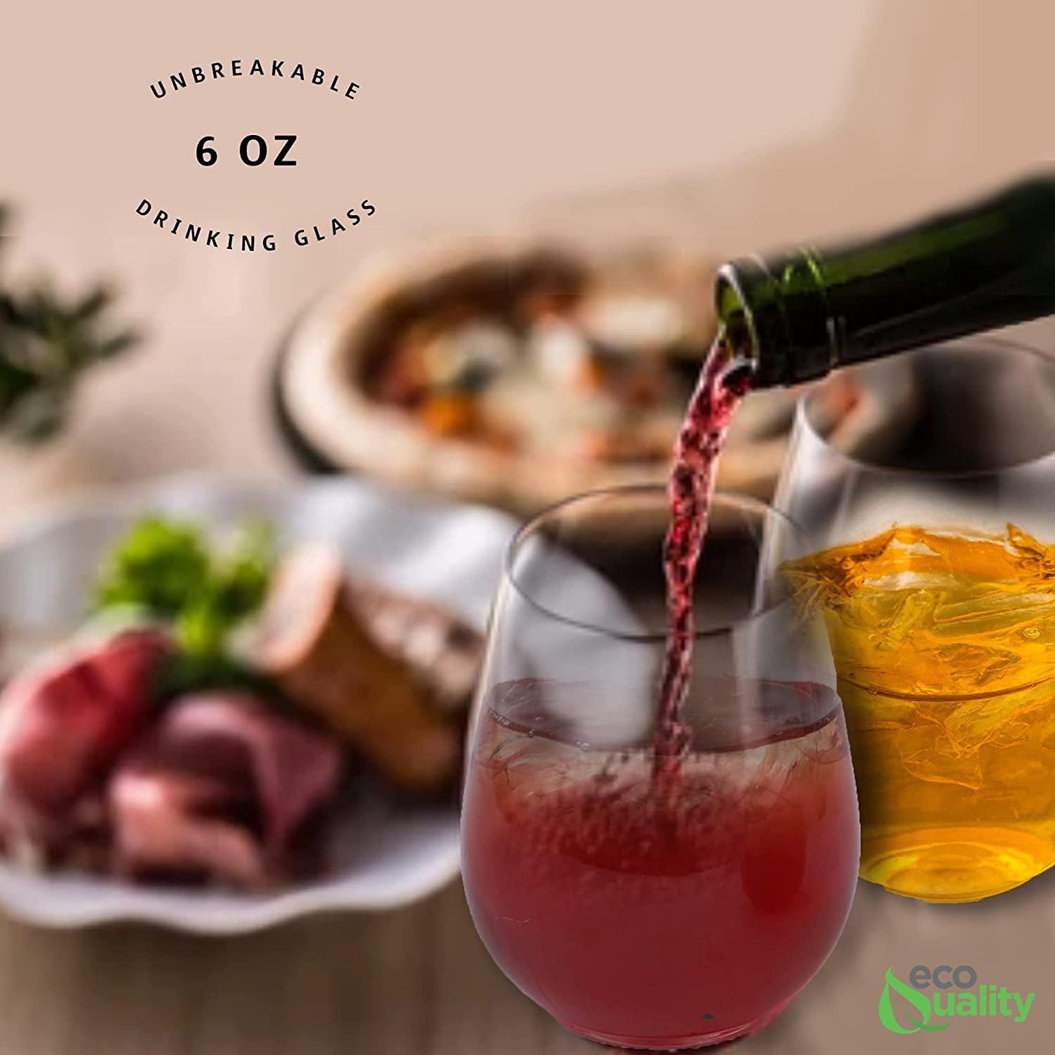 EcoQuality EcoQuality 6 oz Mini Stemless Clear Plastic Wine Glass, Unbreakable Elegant and Reusable Wine Tumbler for Wine Tasting, For Indoor or Poolside Party (96)