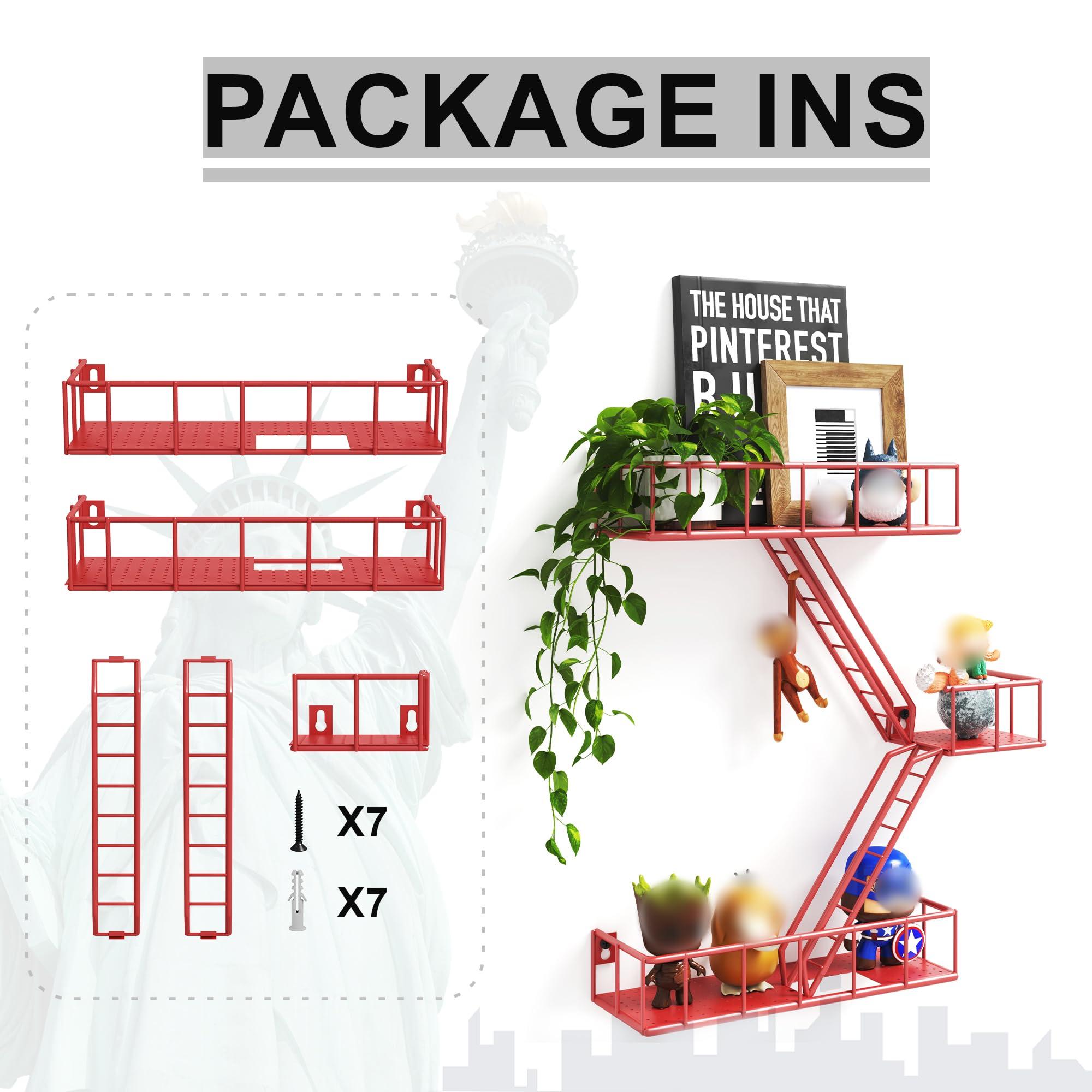 LUDORU Fire Escape Wall Shelf with Baskets, 3-Tier Metal Fire Escape Ladder Shelf Wall Organizer, New York Inspired Decorative Shelf, Red Floating Action Figurine Display Shelves for Bedroom, Home Dcor.
