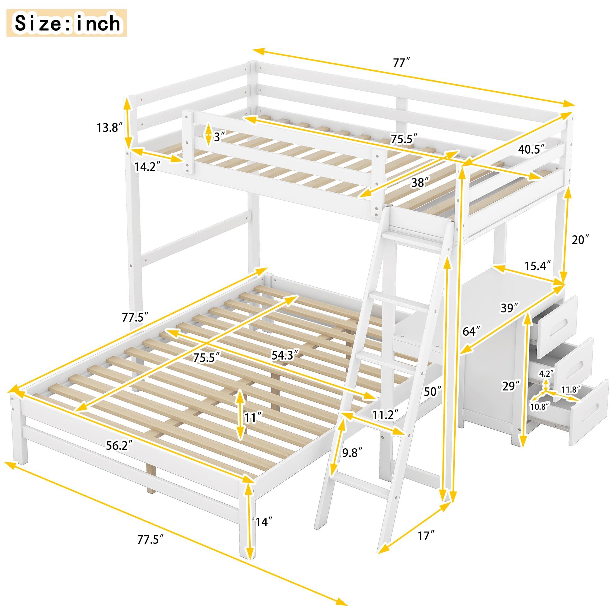 YOPTO YOPTO Twin Over Full Bunk Bed with Built-in Desk and Three Drawers,Pine Wood Convertible Twin Over Full L-Shaped Loft Bunk Bed Frame for Kids Teens Adults,White