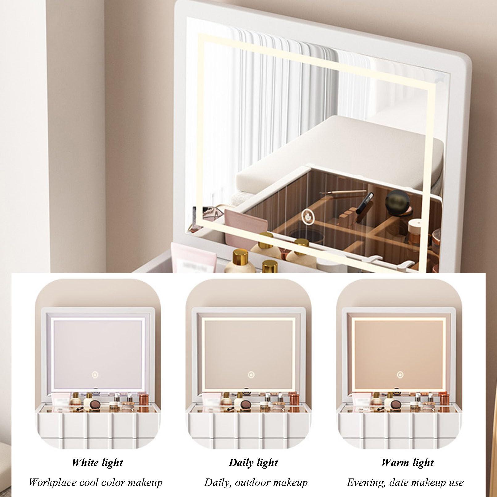 TBWFRD Makeup Vanity Table with Lighted Mirror, Small Vanity Desk with Storage Stool and Drawers, Bedroom Dressing Table with Transparent Table Top for Girls Women Gifts