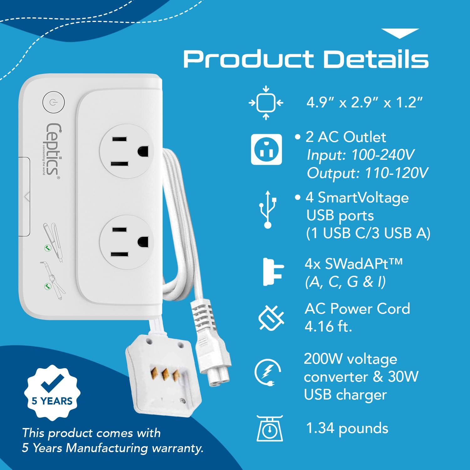 Ceptics Ceptics 200 W Voltage Converter, Convert 220 V to 110V for Devices Like Curling Iron, Straightener, Chargers, Step Down World Power Plug - 4 USB PD 18W Fast Charging - EU/AU/UK/US Included