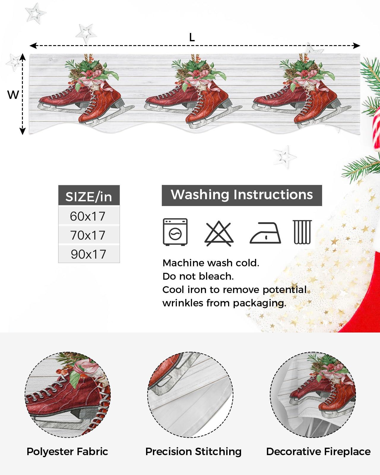 Onekaccu Onekaccu Christmas Fireplace Mantle Scarf, Fireplace Scarf Cover Mantel Shelf Top Scarf Runner Pine Needle Red Skates Rustic Wooden Mantel Cover Fireplace Decoration for Holiday Living Room 90"x17"