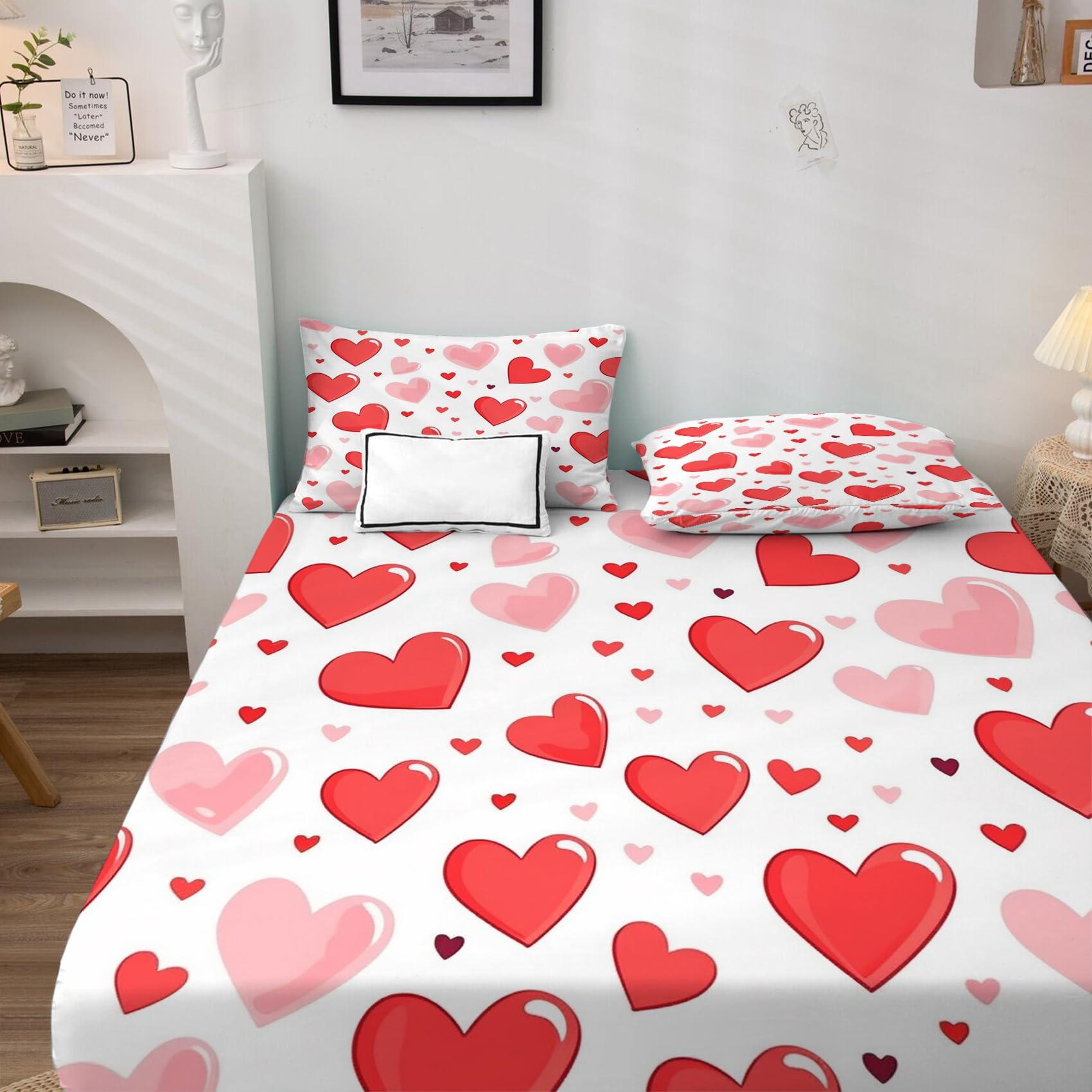 zcsm zcsm Red Heart Sheets Full Size - Valentine\'s Day Love Bed Sheets, Soft Microfiber & Deep Pocket & Wrinkle Free Patterned Bedding Sheets & Pillowcases, 1 Fitted Sheet, 1 Flat Sheet, 2 Pillow Cases
