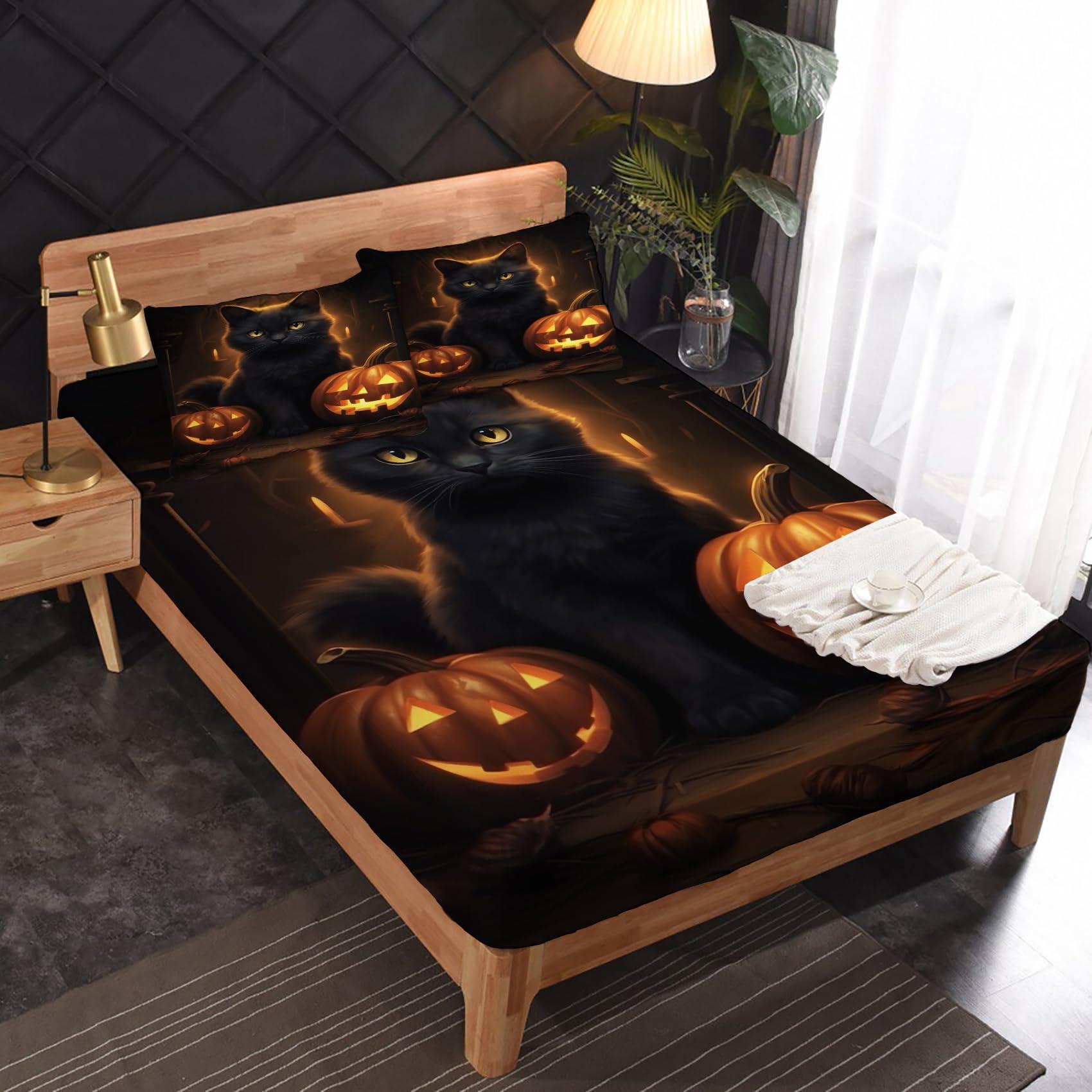 GEDAEUBA Halloween Sheets Twin XL Sheet Sets - Black Cat Pumpkin Lantern Bed Sheets for Kids Boys Girls, Halloween Theme Sheet Set with Deep Pocket Fitted Sheet, Soft Microfiber Wrinkle Free Bedding Set