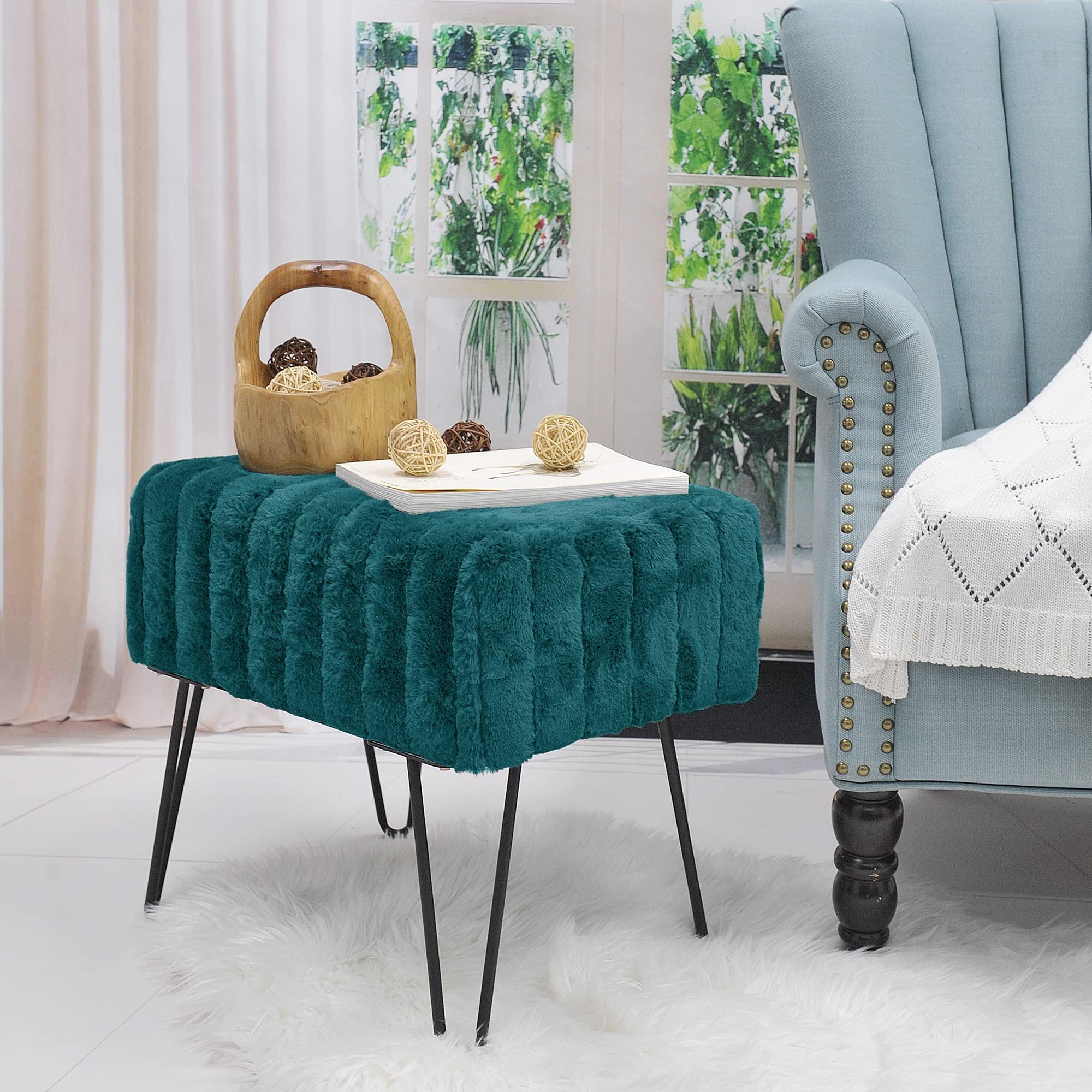 Warmaxx Warmaxx Blue-Green Mink Faux Fur Ottoman Entryway Bench, 19.5\"x12.5\"x17\"H Comfy Furry Makeup Stools with Metal Legs Foot Rest Sturdy Foot Stool Bedroom End of Bed Living Room Couch Vanity Home Dcor