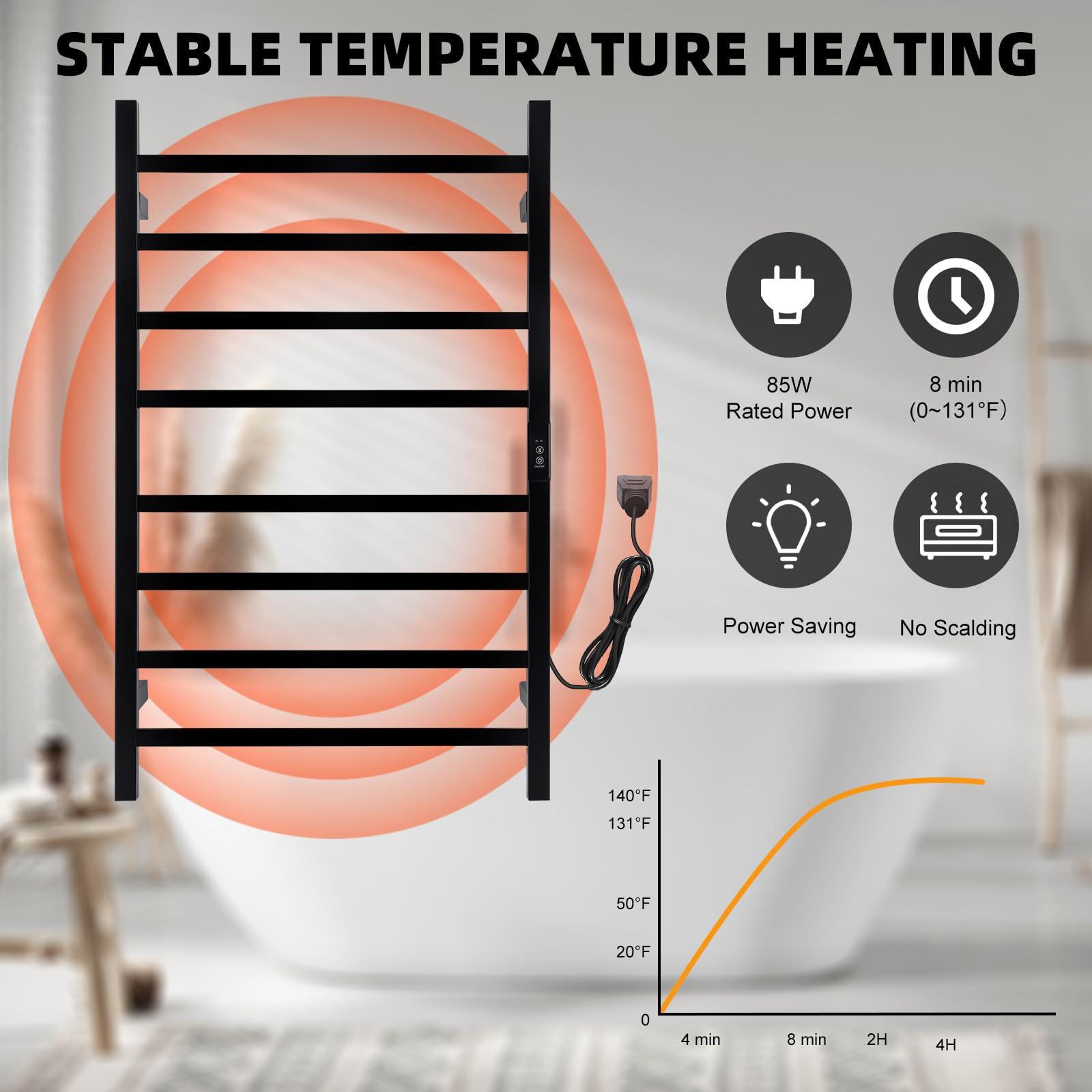 Nopwer Towel Warmer Heated Towel Bar-Rack - Nopwer Bathroom Wall Mounted Electric Towel Drying Plug-in Matte Black 8 Bars