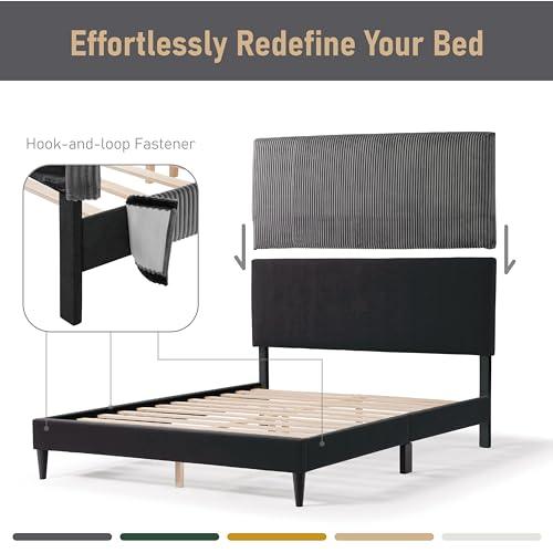 HOMES: Inside + Out HOMES: Inside + Out Lysandra Modern Bed Frame Queen Size with Upholstered Headboard and Corduroy Fabric Cover, No Box Spring Needed for Bedroom, Guest Room, Dark Gray