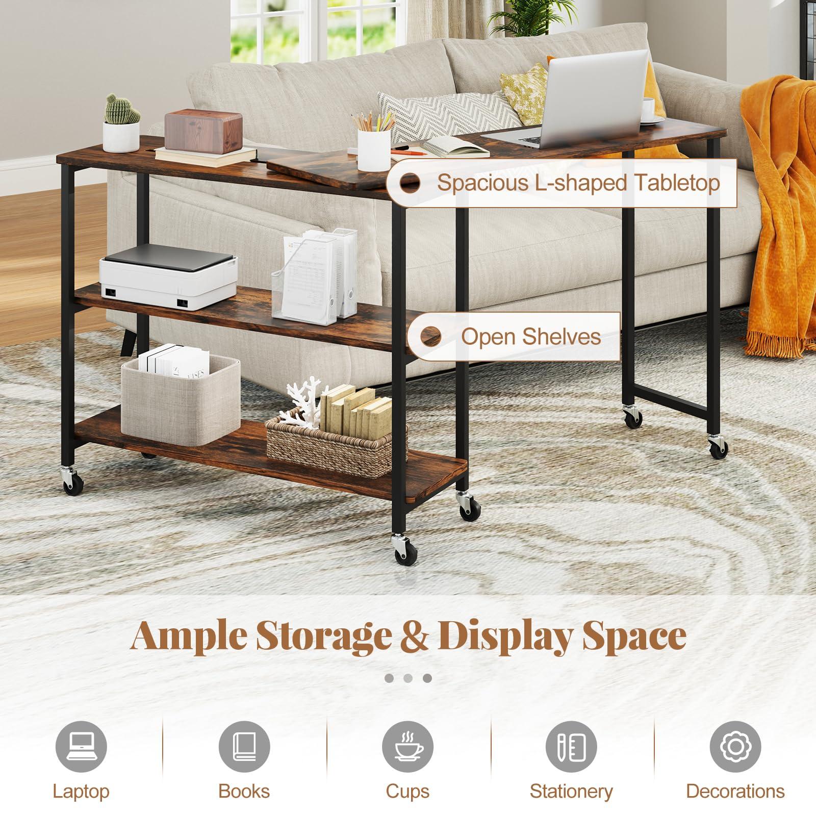 Tangkula Tangkula Large 360 Free Rotating Sofa Side Table, Patented Mobile Couch Desk with 2-Tier Storage Shelves, Movable Laptop Table with Sturdy Metal Frame, Couch Table Snack Table for Home Office