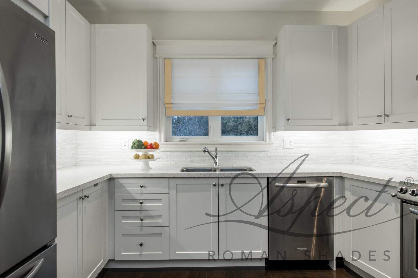 LOGANOVA Shades LOGANOVA Flat Roman Shade Chevalle Maize. White background with cream yellow border on three sides and chain mechanism. Custom made.