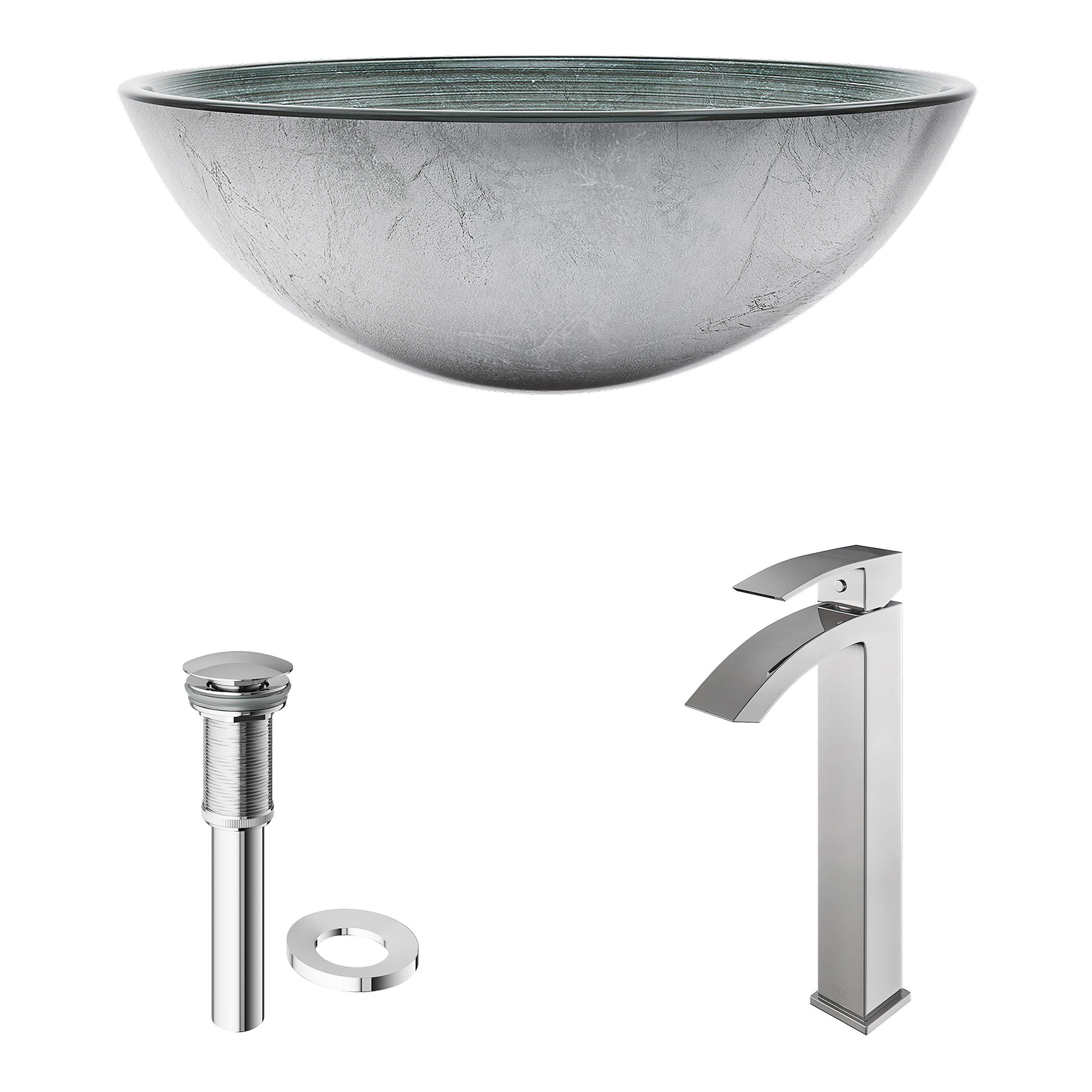 VIGO VIGO 17\" L -17\" W -12\" H Giovanni Glass Round Vessel Sink Set in Silver with Faucet and Drain -VGT836