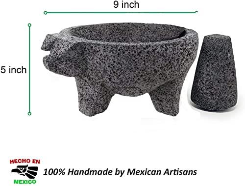 Lindo Brand Lindo Brand 8.6 inch Molcajete Mortar and Pestle with Pig Design, Mexican Handmade with Lava Stone Ideal as Herb Bowl, Spice Grinder, Volcanic Stone