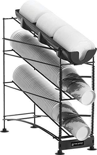 Carlisle Paddles San Jamar Wireworks Cup and Lid Dispenser Fits 8 - 44 Oz. Cups, 3 Tiers with Suction Cup Feet for Restaurants, Fast Food, And Kitchens, Plastic, 8.25 X 20.5 X 22.5 Inches, Black