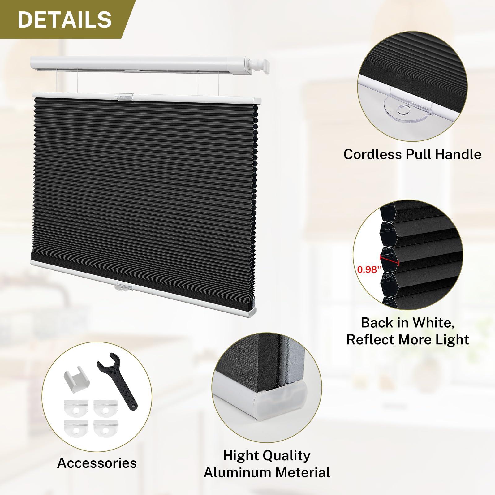 moonice Moonice No Tools No Drill Shades for Indoor Windows Blackout Top Down Bottom Up Cordless Cellular Shades, Easy to Install Mint Gap Single Cell Honeycomb Blinds for Home Office Thermal Insulated, Black