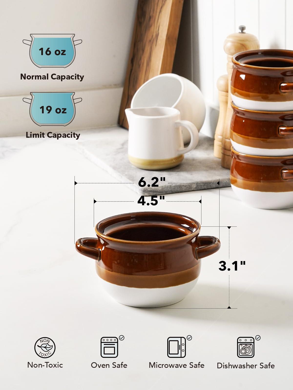 LE TAUCI LE TAUCI French Onion Soup Bowls with Handles, 16 Oz Ceramic French Onion Soup Crocks Oven Safe Serving Bowls for Soup, Chili, Beef Stew, Cereal, Pot Pies, Set of 4