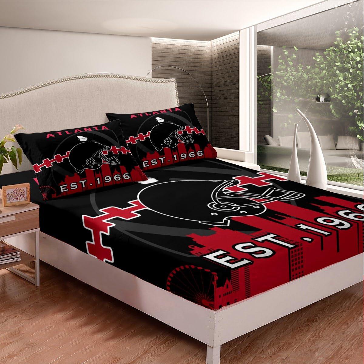 Erosebridal Erosebridal Football Fitted Sheet Twin Size for Football Fan,American Football Bed Sheets for Kids Boys Girls,Football Players Bed Set,Rugby Bedding Set with 1 Pillowcase(Atlanta),Black Red
