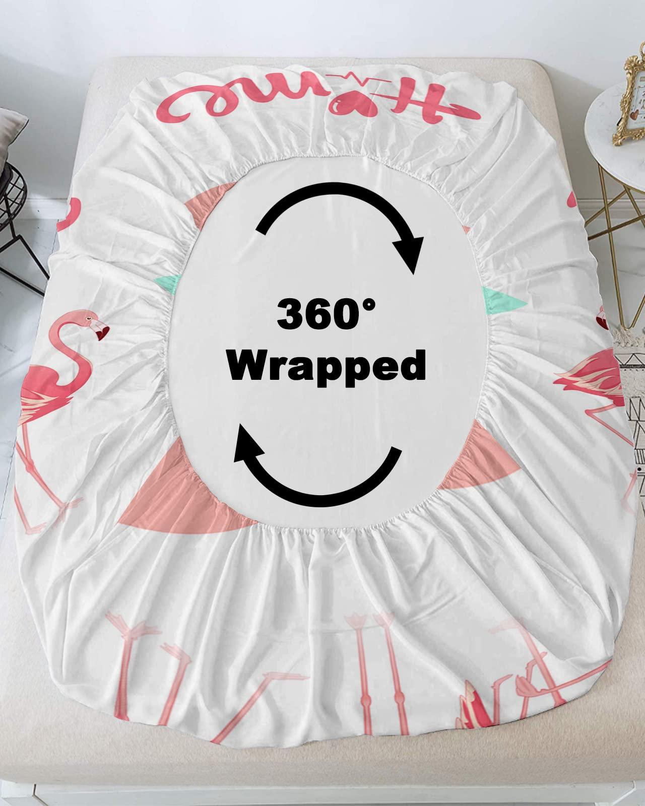 ZFUNCING Romantic Summer Flamingo Love Heart Tropical Animal Fitted Bed Sheets Twin Size Fit 5-16inch Deep Pockets,Luxury Bottom Sheet Bedding Set with Pillow Case,Pink White Fitted Sheet for Mattress