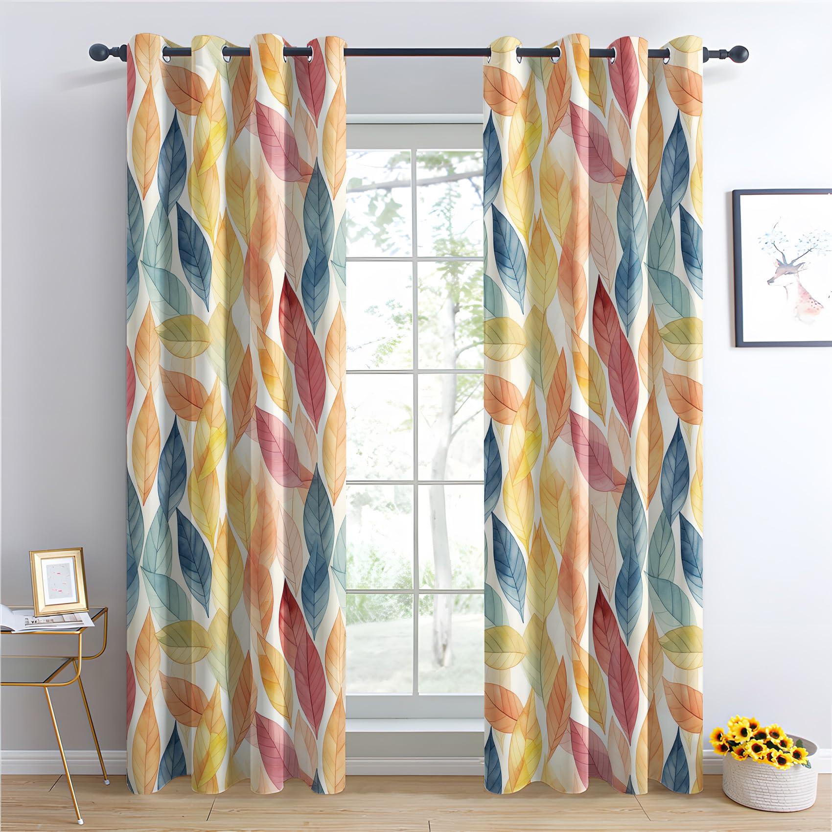 HomeLoft Basics Leaves Blackout Curtains, Leaf Pattern Curtains for Bedroom Living Room Decor, Colorful Window Curtain Drapes Grommet Thermal Insulated, 52 x 72 Inch 2 Panels Set PW&412