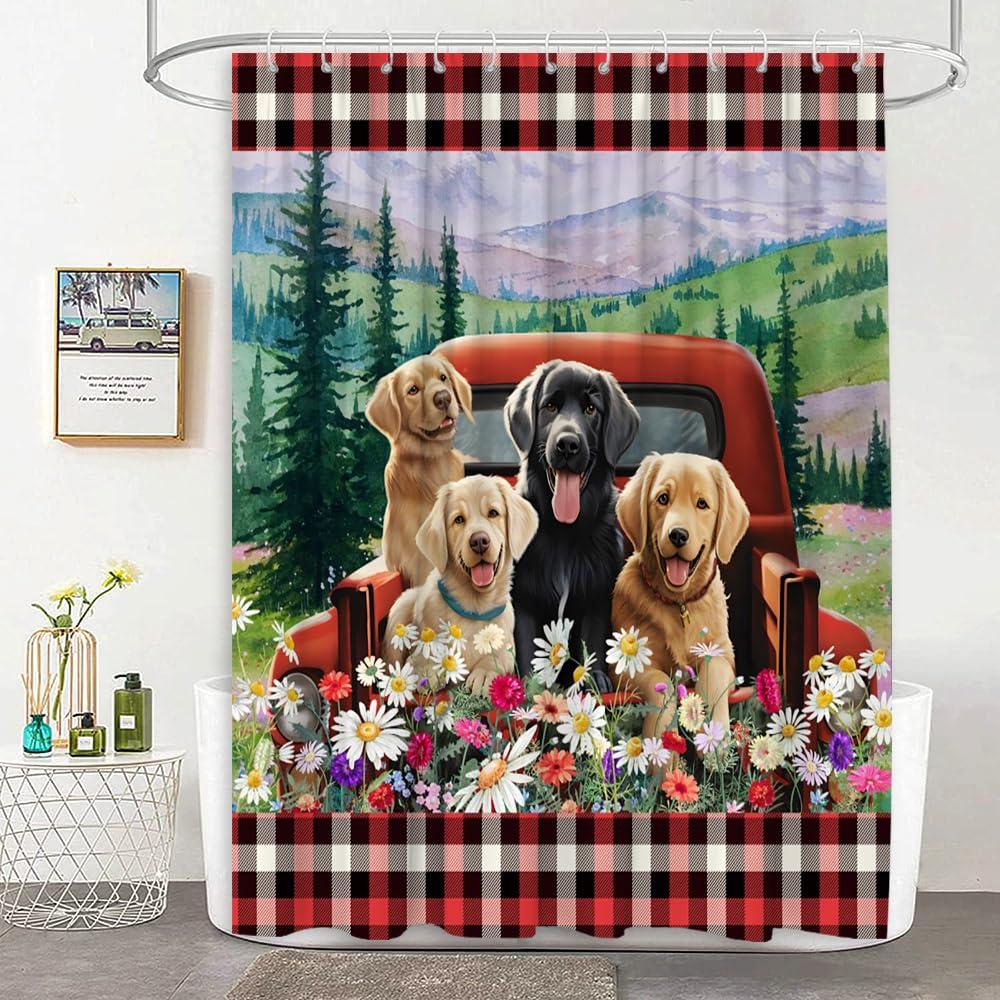 JEJOMEAG JEJOMEAG Dog Shower Curtain Cute Farmhouse Animals Retro Red Truck Rustic Daisy Floral Spring Country Fabric Bathroom Curtain with Hooks, 67x70 Inch