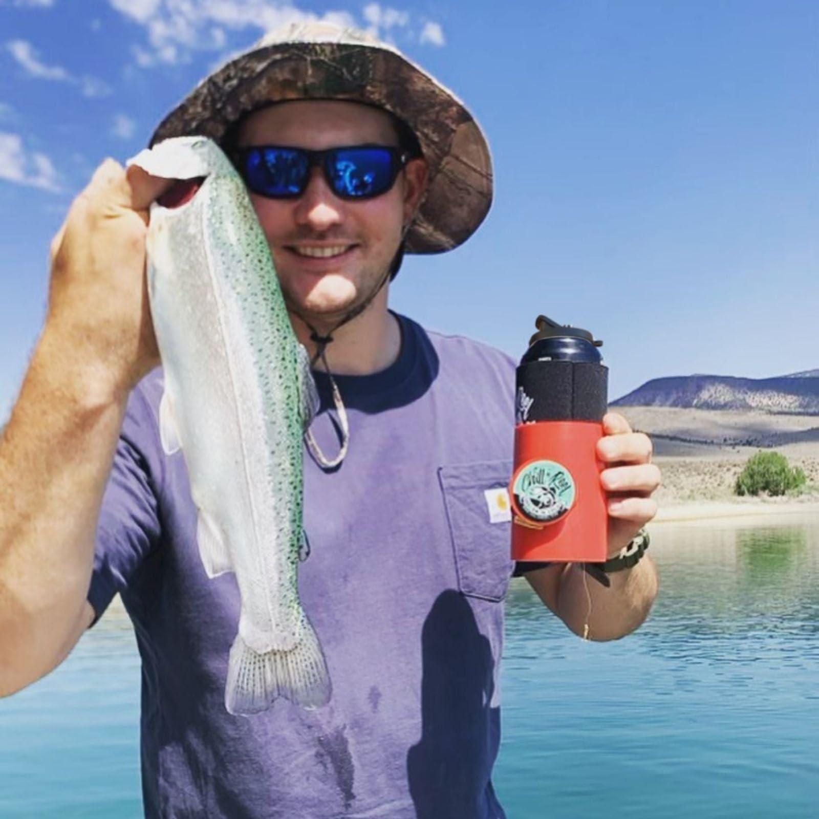 Chill-N-Reel Chill-N-Reel Fishing Can Cooler (from Shark Tank) | Hard Shell Drink Holder with Hand Line Reel Attached | Fits Standard Insulator Sleeves or Coozies | Unique Fun Fishing Gift (Crimson & Spill Guard)