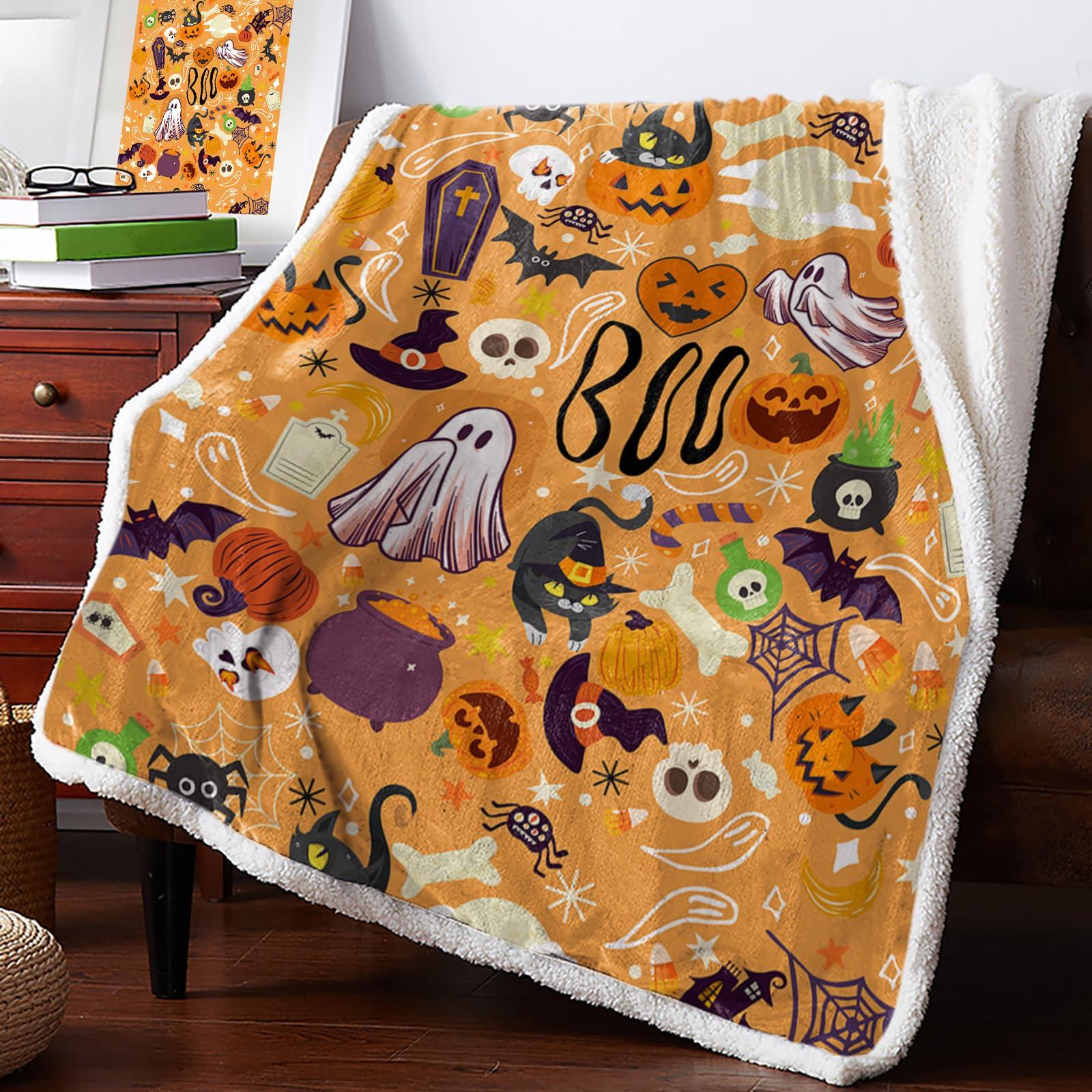 Sabolny Sabolny Halloween Sherpa Throw Blankets for Bed Couch Sofa, Soft Reversible Plush Fluffy Fleece Fannel Blanket Throws Clearance Decorative in Winter Spooky Pumpkin Horror Ghost Skull Orange 49\"x59\"