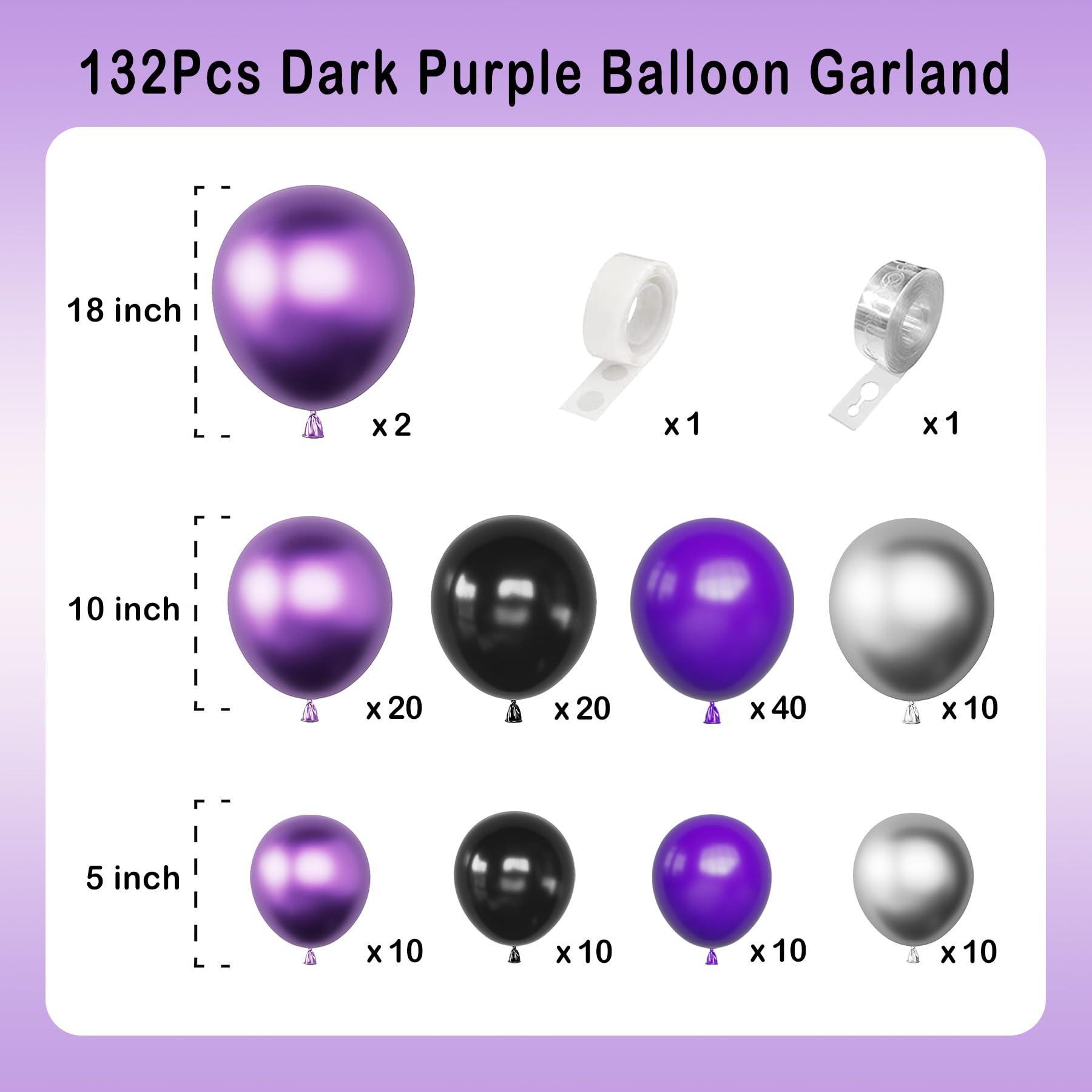 deiiom Dark Purple Balloon Arch Garland Kit-Black Balloon Latex Metallic Silver Metallic Purple Balloon 132Pcs for Baby Shower,Easter,HalloweenBirthdayGraduation,Christmas Party Decoration.