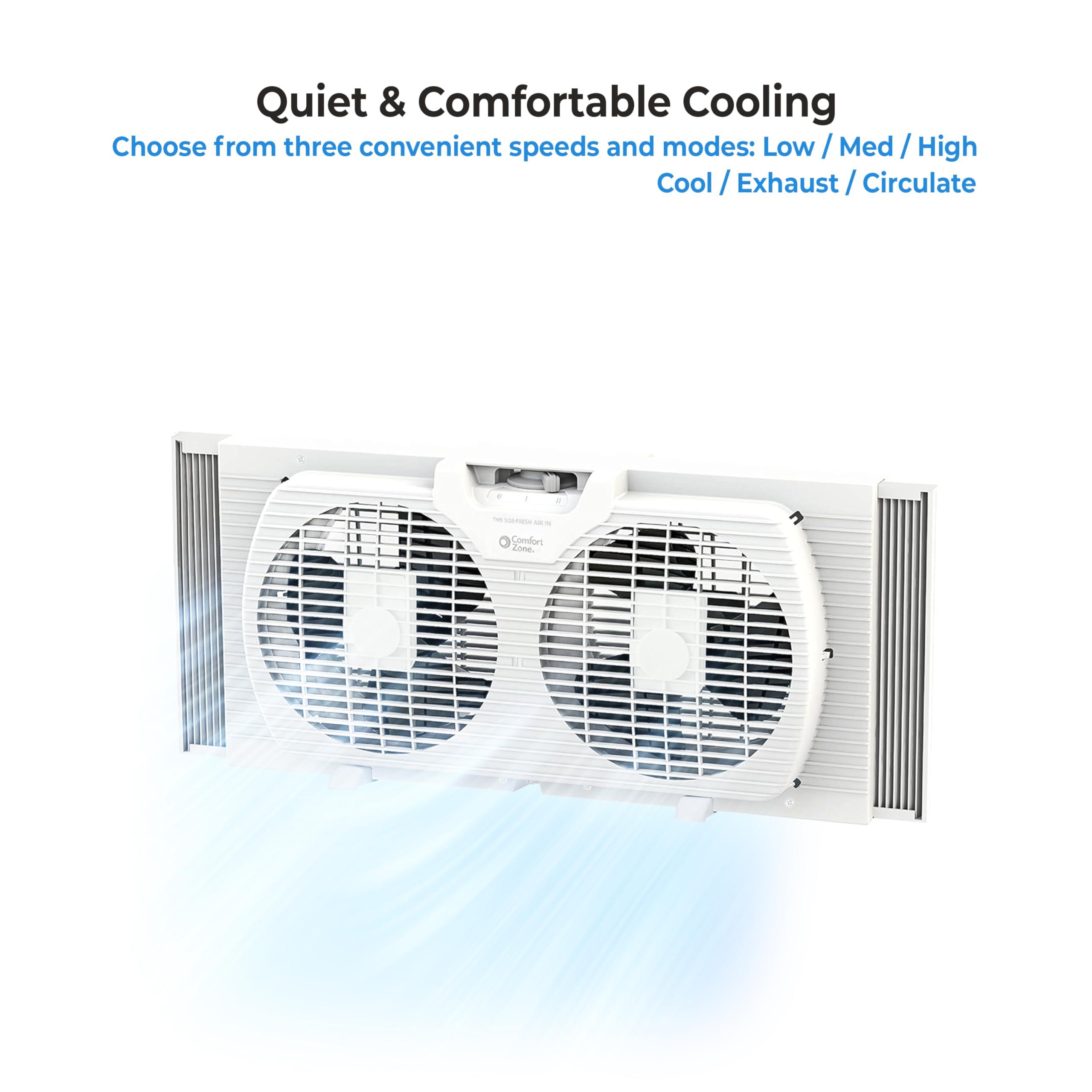 Comfort Zone Comfort Zone Twin Window Fan with Reversible Airflow Control, 9 inch, Auto-Locking Expanders, 2 Speed Fan, Dual Fan, Exhaust, Airflow 9.84 ft/sec, Ideal for Home, Kitchen, Bedroom & Office, CZ319WT
