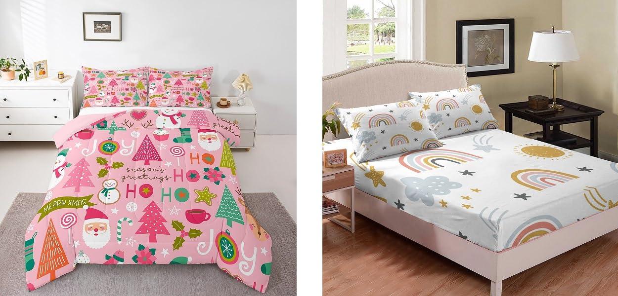 Erosebridal Erosebridal Pink Christmas Comforter Set + Rainbow Fitted Sheet, Full Size