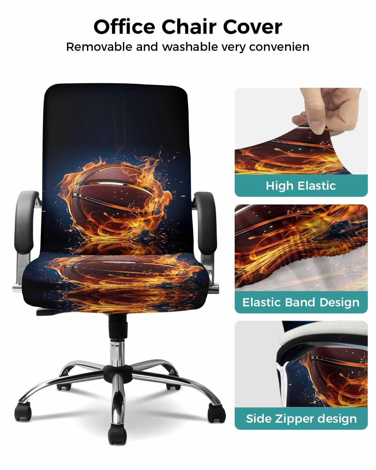 DecorLovee DecorLovee Basketball Office Chair Covers Stretchable Computer Gaming Chair Cover, Flame Basketball Modern Abstract Art Universal Desk Chair Covers Removable Rotating Chair Slipcover with Zipper, L