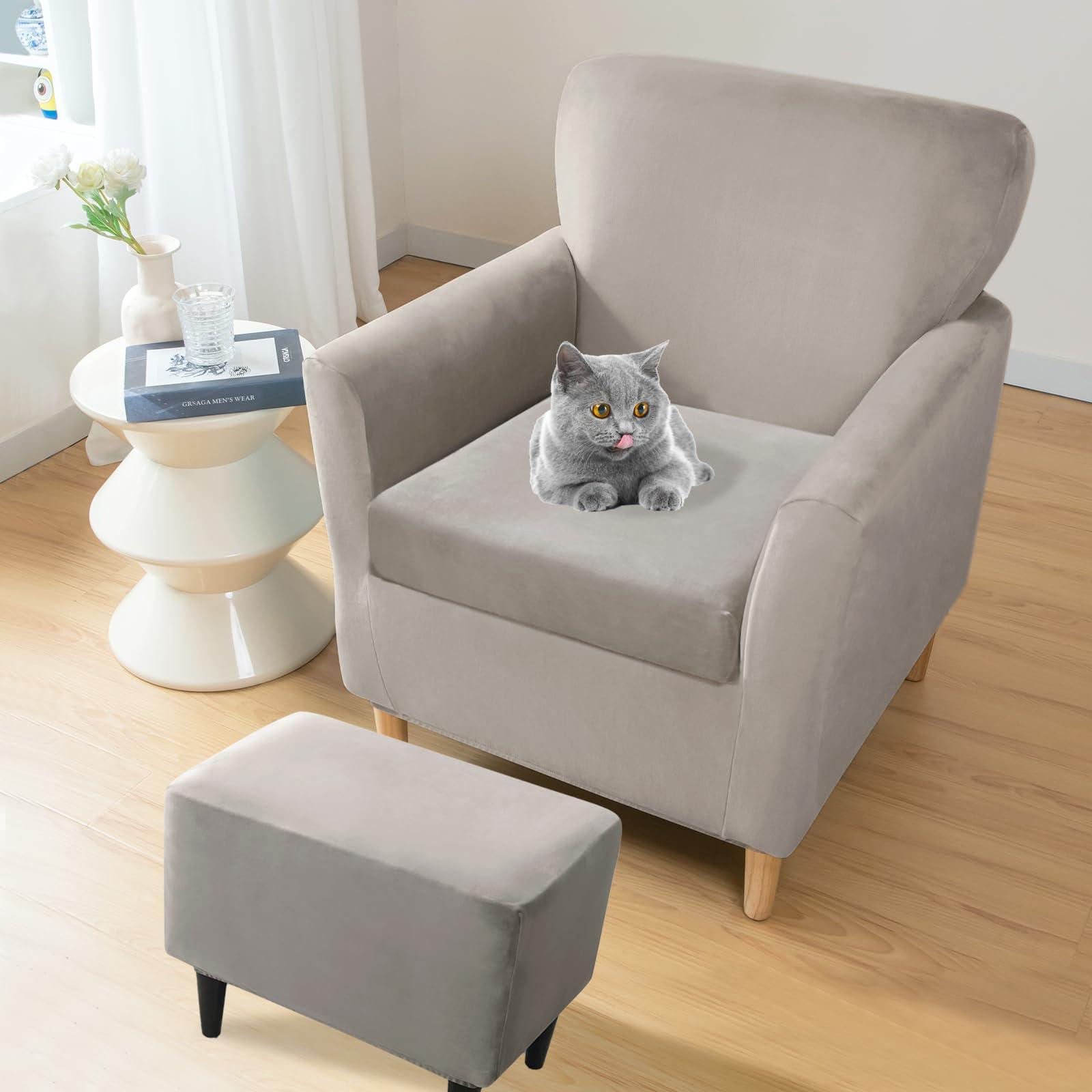 UNBBRRL UNBBRRL Chair and Ottoman Slipcover Set, Stretch Velvet Chair and Ottoman Cover, Banquet Armchair Covers for Living Room (Light Gray,Chair+ Seat+ Rec Ottm)