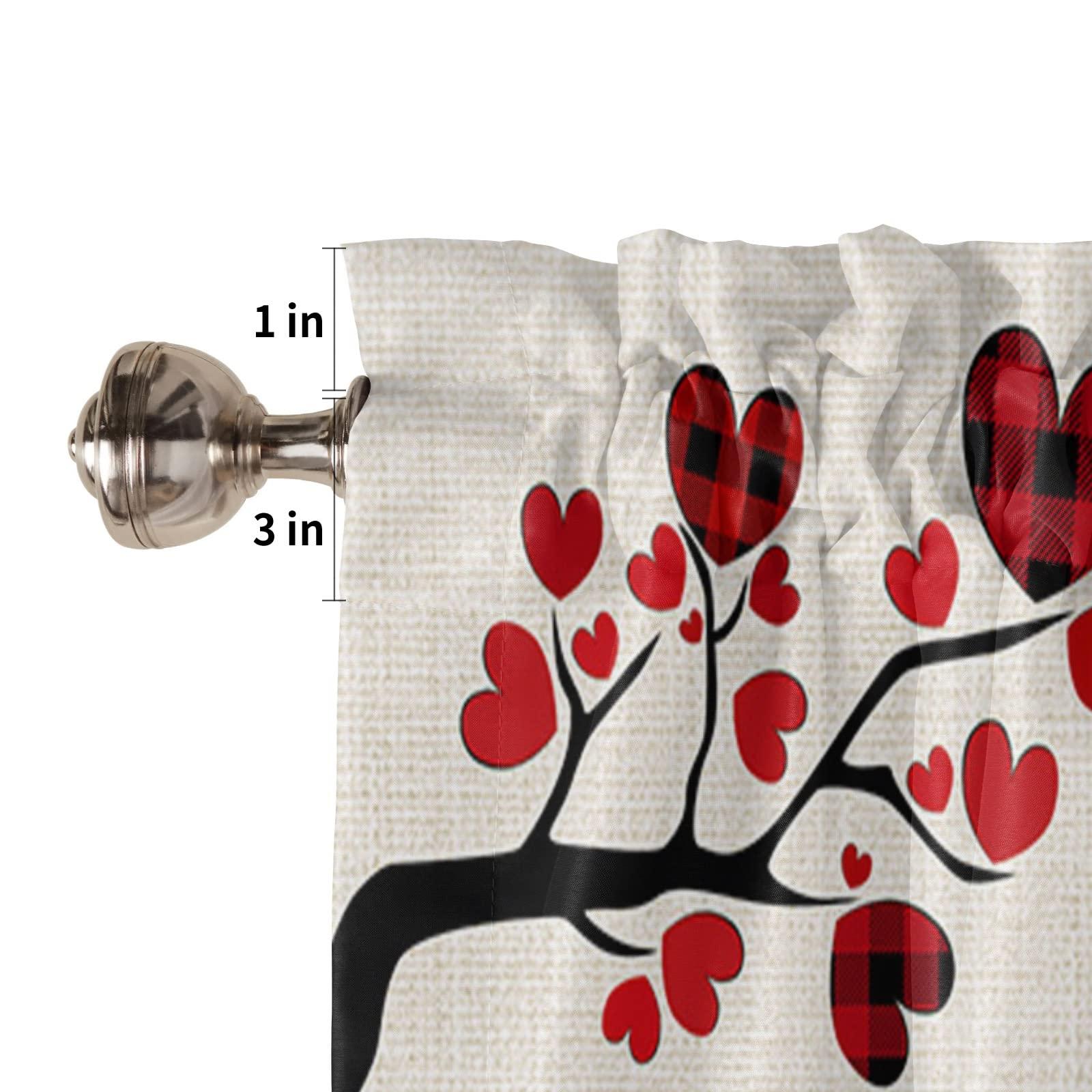 Kewadony Kewadony Kitchen Curtains Valances, Valentine\'s Day Rod Pocket Valances for Windows, Red Black Plaid Gnomes Love Tree Burlap Short Window Valances for Living Room/Bedroom, 54 x 18 Inch