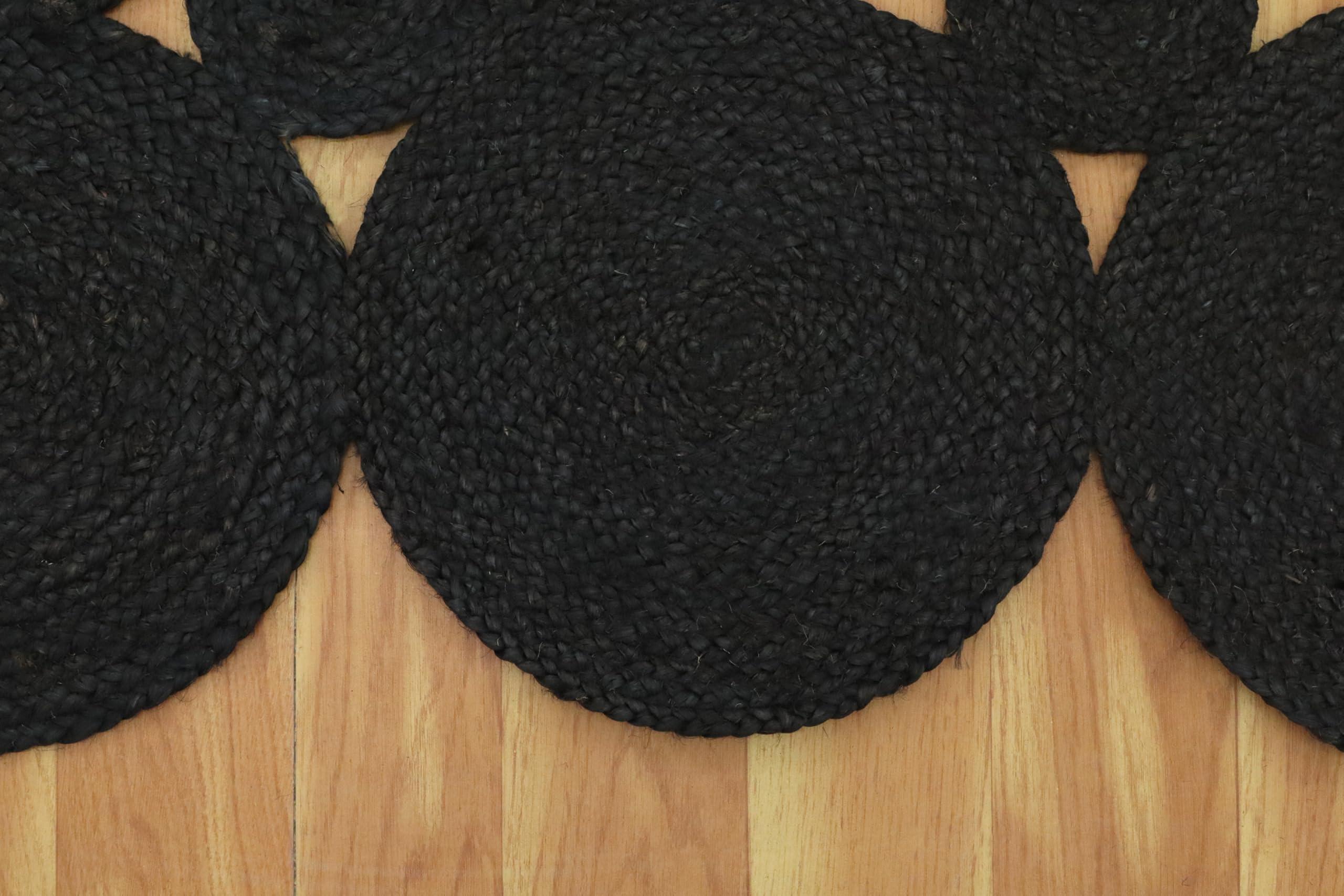 CASAVANI CASAVANI Scalloped Jute Rug Kilim Rug 4' Square Rug Black Hand Braided Jute Cape Cod Design Thick 0.19 inches Flatweave Rug Indoor Outdoor Use Rugs for Kitchen, Bedside, Enterway