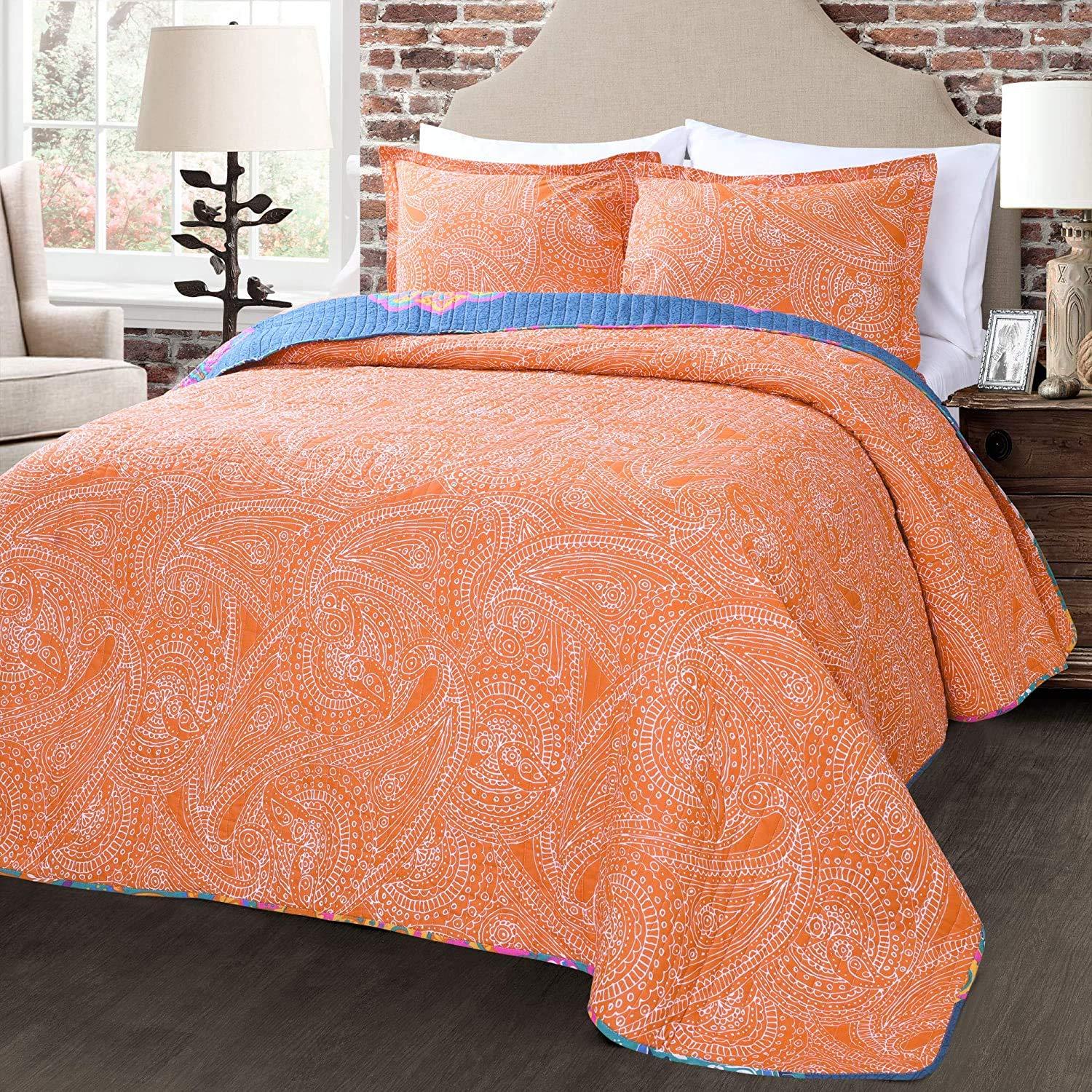 Lush Decor Lush Decor Boho Chic Reversible Cotton Quilt 3-Piece Set, King, Turquoise & Navy - Bright Paisley Print, Vibrant & Colorful Bohemian Bedding Set