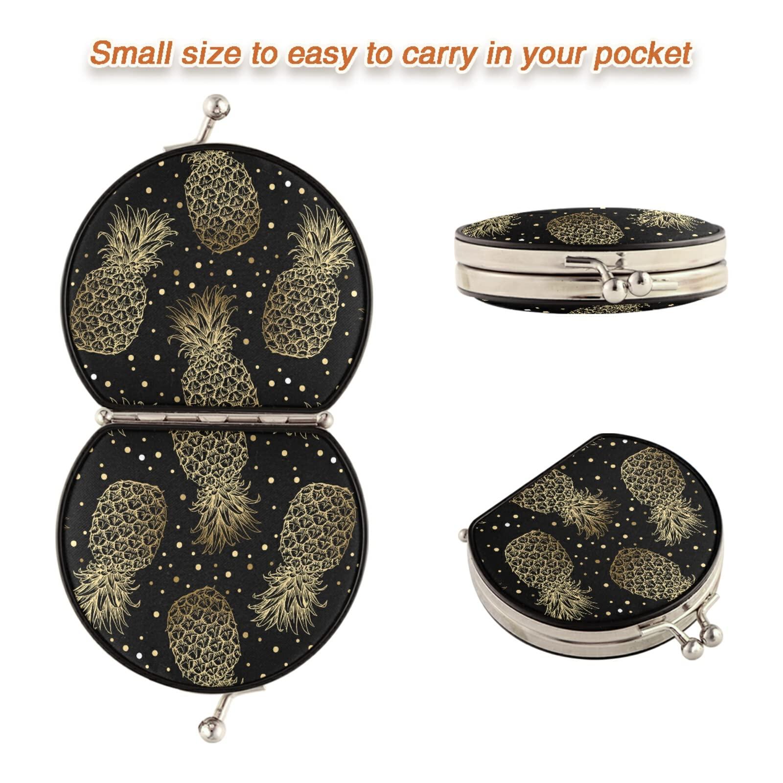 Poeticcity Seamless Golden Pineapples Hand Drawn Gold Pineapple Dots on Dark Compact Makeup Mirror, Twin-Sided Cosmetic Mirror with 2 x 1x Magnification, Buckle Folding Mini Pocket Portable Hand Mirror