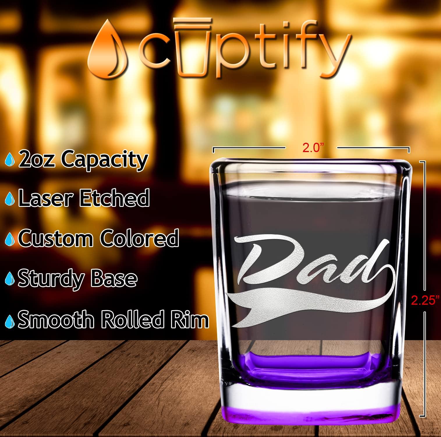Cuptify Cuptify Dad Glass 2oz Purple Colored Square Shot Glasses Set of 2 Etched Party Favors Cool Birthday Gifts for Men, Him, Fathers Day