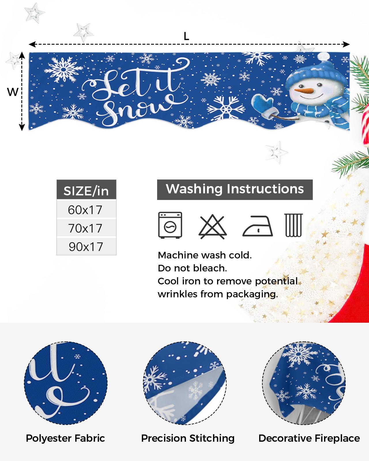 Falaniique Blue Christmas Fireplace Mantel Scarf Cover, Mantel Shelf Top Scarf Runner for Christmas Halloween Thanksgiving Fall Indoor Decorations Winter Snowflake Snowman 70\'\' L x 17\'\' W
