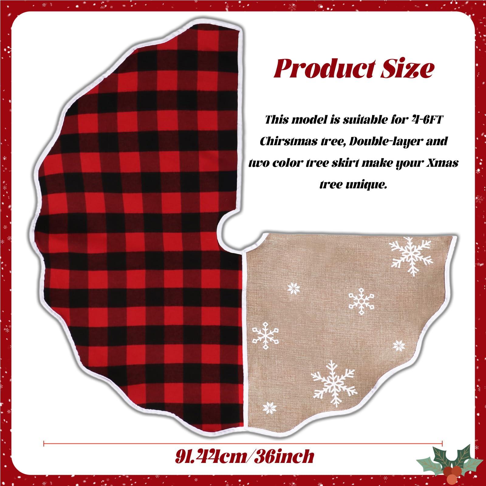 OurWarm OurWarm Christmas Tree Skirt 36 Inch, Buffalo Plaid Red Tree Skirt for 6ft Tree & 4ft Tree, Double Sided Burlap Tree Skirt Snowflake Xmas Tree Skirts for Pencil Tree Boho Rustic Farmhouse Decor