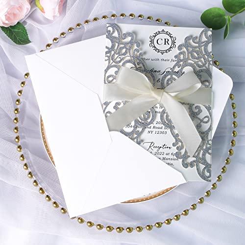 ponatia ponatia 25PCS 5.12 x 7.1 \'\' Champagne Gold Glitter Laser Cut Wedding Invitations Cards with Envelopes for 5x7 Invitation Cards Wedding Baby Bridal Shower Engagement Sweet 16 Birthday Invite