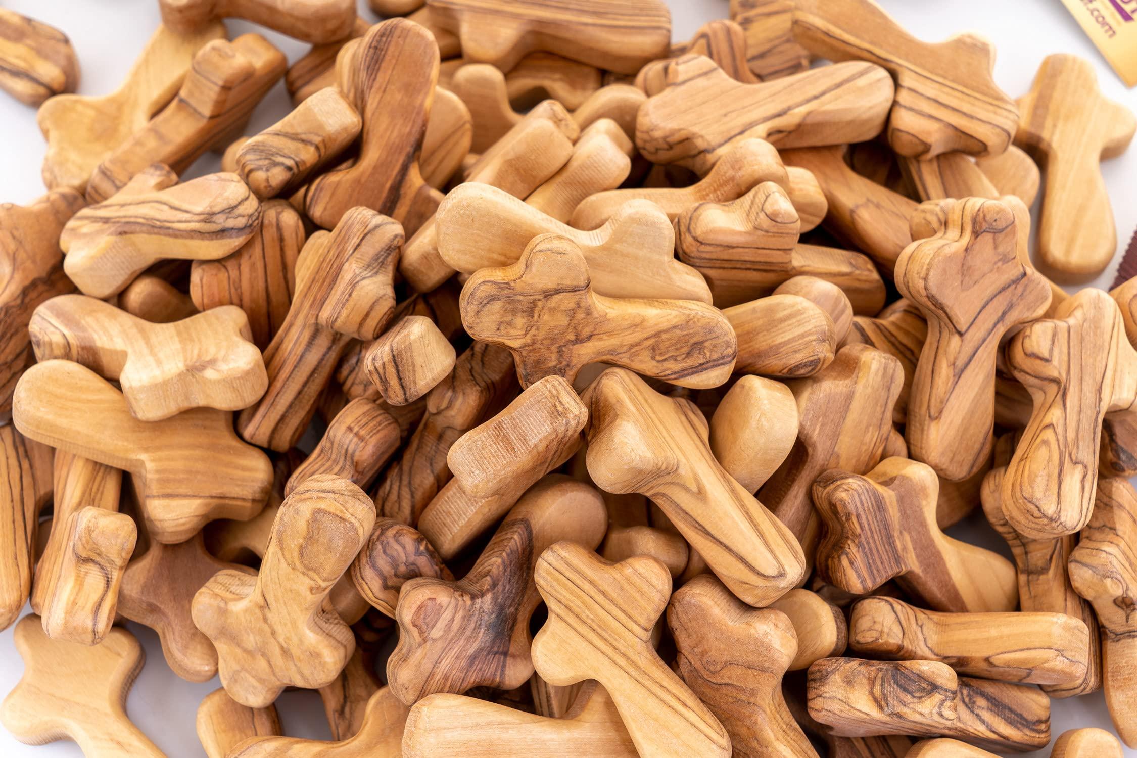 Zuluf Zuluf 100 Small Olive Wood Comfort Crosses from Bethlehem Israel | Pocket Holding Crosses | Comes With 100 Holy Land Certificates 6cm / 2.5 Inch Each Cross - CRS301