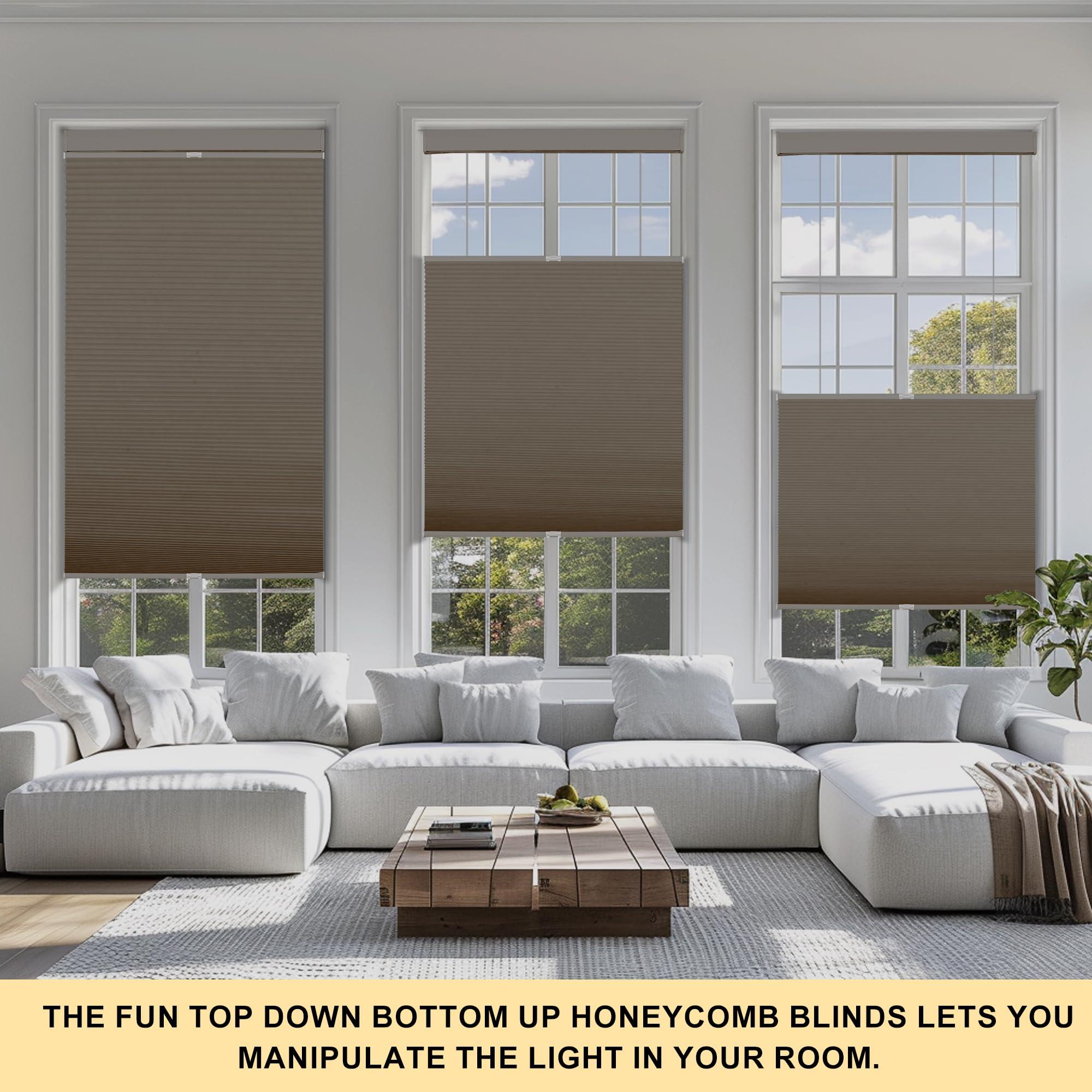 BERISSA BERISSA Top Down Bottom Up Cordless Cellular Shades Pull Down Blackout Room Darkening Window Shades Honeycomb Blinds for Windows and Skylights,Brown,81" W x 36" H